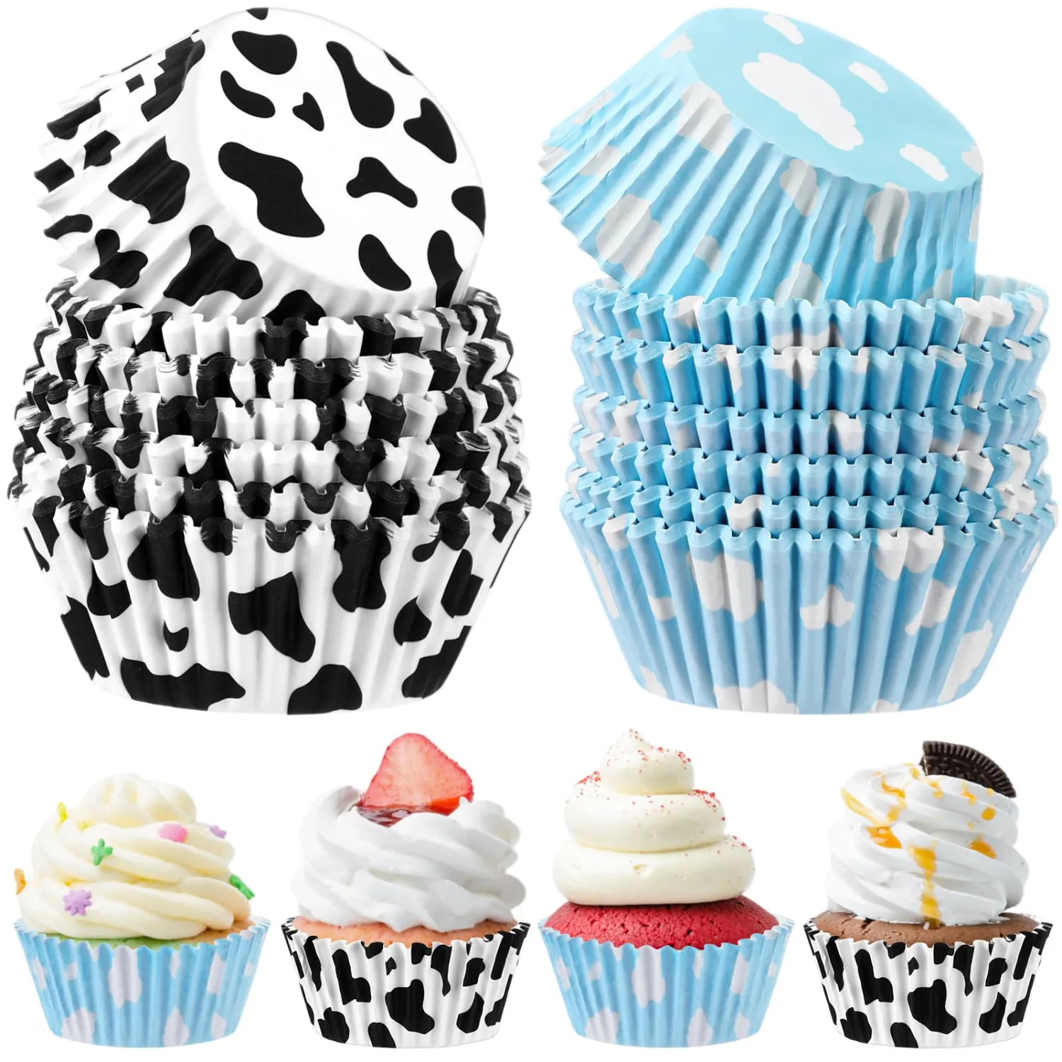 Cunhill 300 Counts Cartoon Toy Cupcake Liners, Blue Cloud and Cow Printed