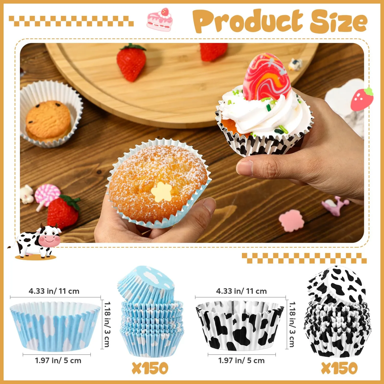 Cunhill 300 Counts Cartoon Toy Cupcake Liners, Blue Cloud and Cow Printed