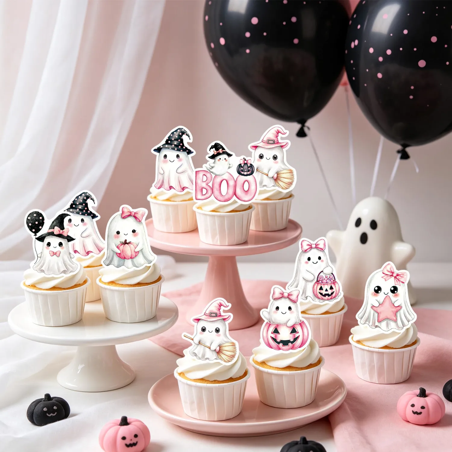 64Pcs Edible Ghost Cupcake Toppers Halloween Wafer Paper Ghost Cupcake Toppers Picks Baby Shower Cake Decorations for Halloween Birthday Party Decorations