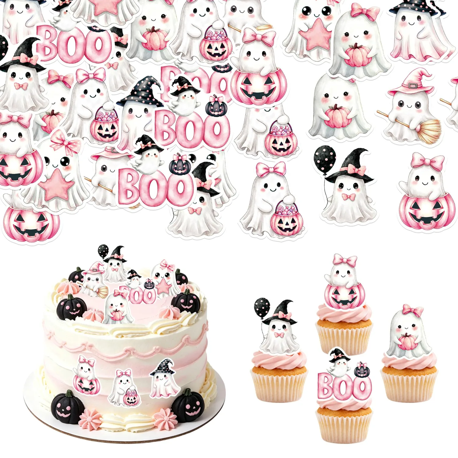 64Pcs Edible Ghost Cupcake Toppers Halloween Wafer Paper Ghost Cupcake Toppers Picks Baby Shower Cake Decorations for Halloween Birthday Party Decorations