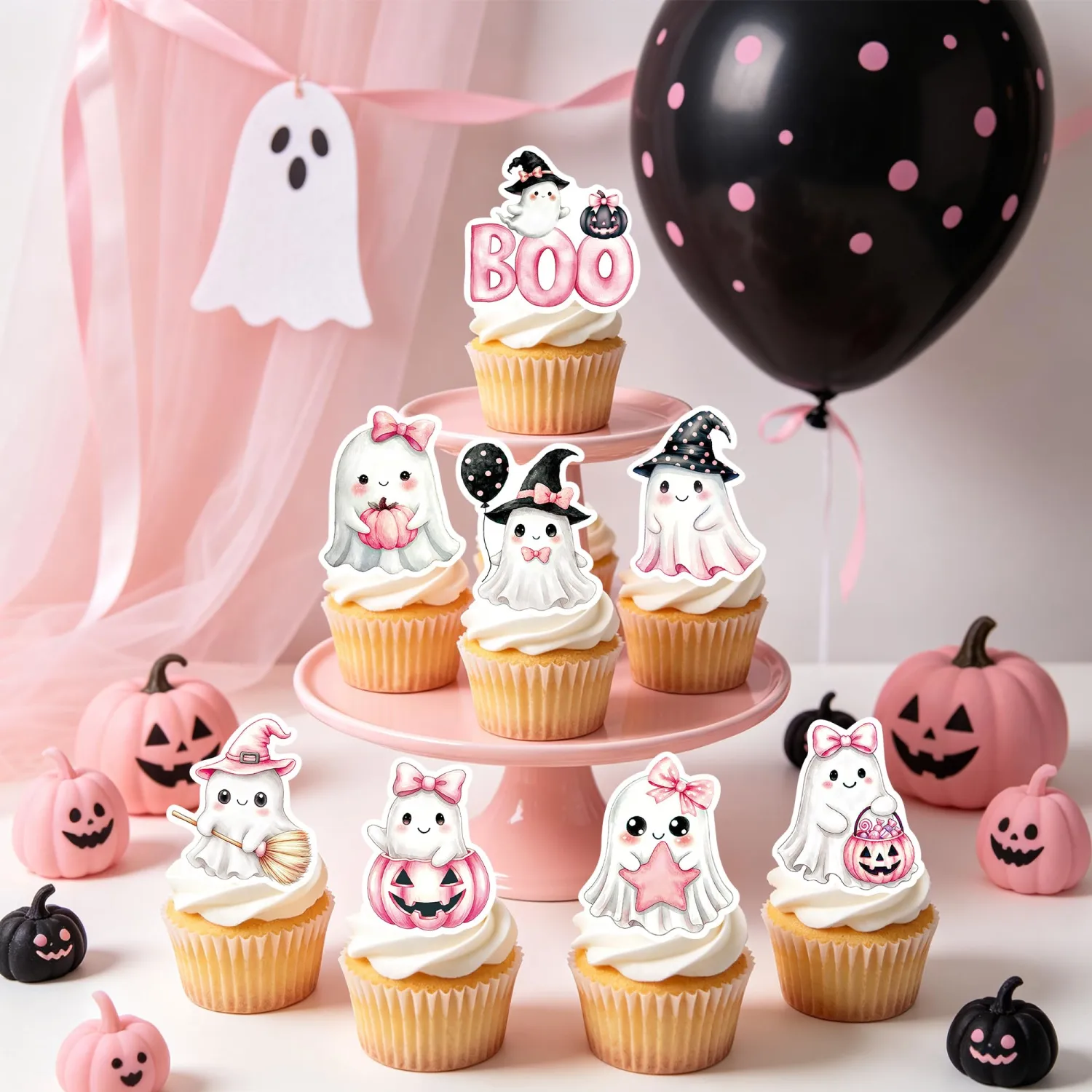 64Pcs Edible Ghost Cupcake Toppers Halloween Wafer Paper Ghost Cupcake Toppers Picks Baby Shower Cake Decorations for Halloween Birthday Party Decorations