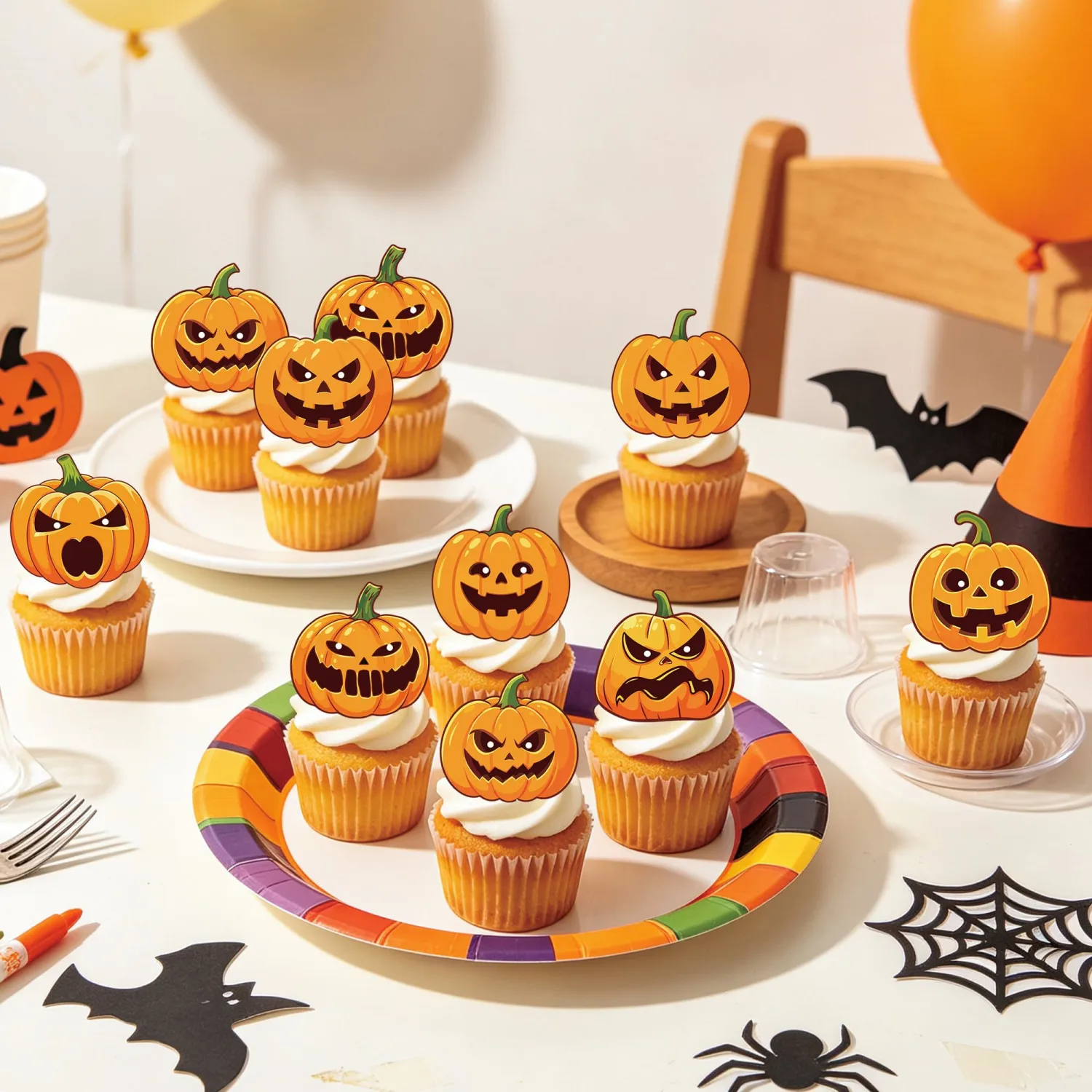 72Pcs Edible Jack-O-Lantern Cupcake Toppers Halloween Cupcake Picks for Kids Birthday Festival Party Cake Decorations