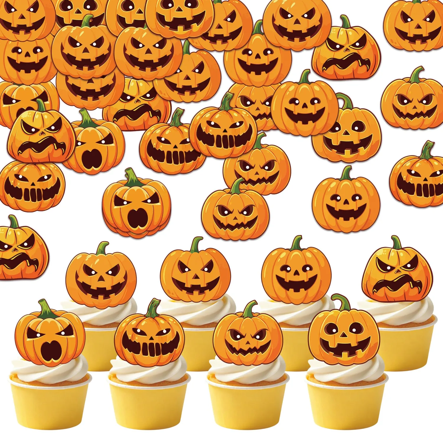 72Pcs Edible Jack-O-Lantern Cupcake Toppers Halloween Cupcake Picks for Kids Birthday Festival Party Cake Decorations