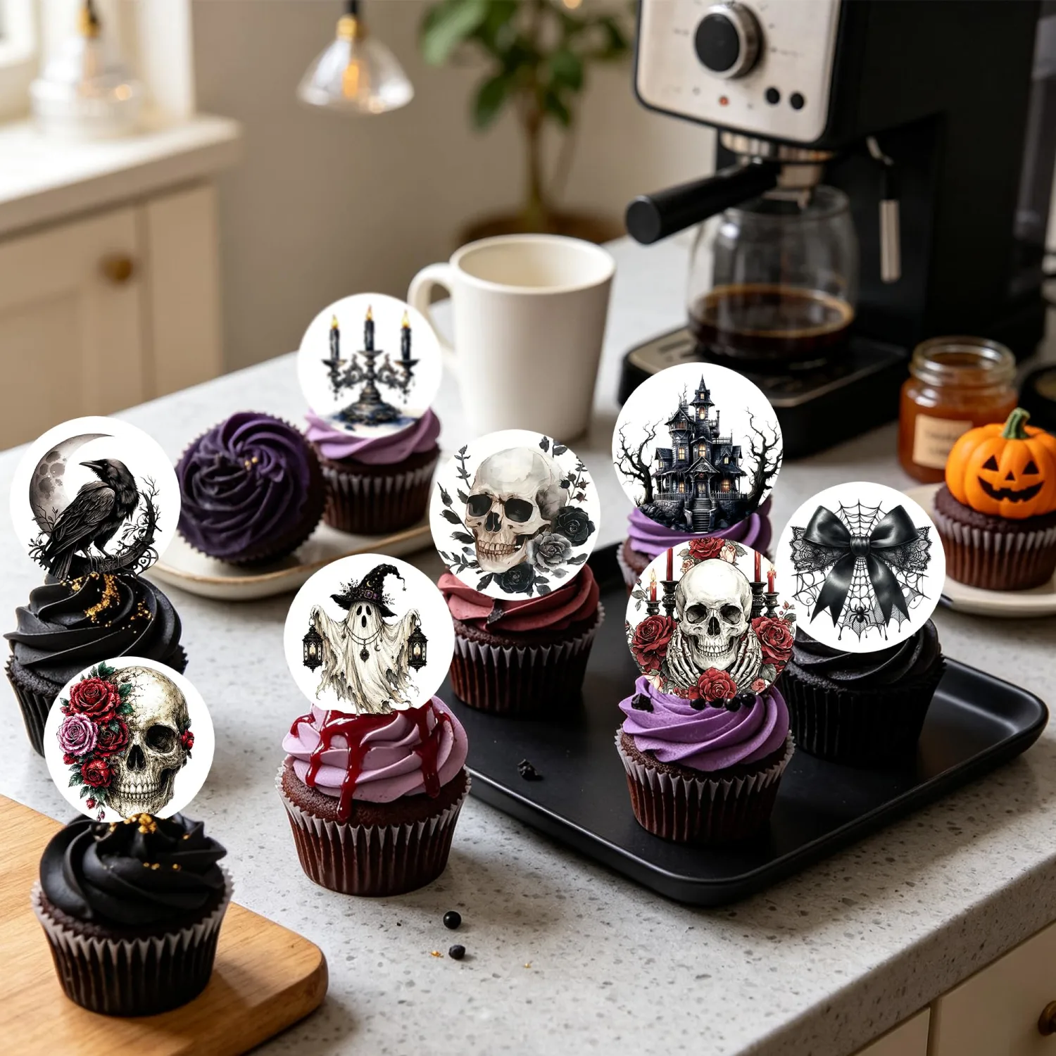 Edible Halloween Cupcake Toppers 48Pcs Skull Raven Ghost Edible Wafer Paper Decor