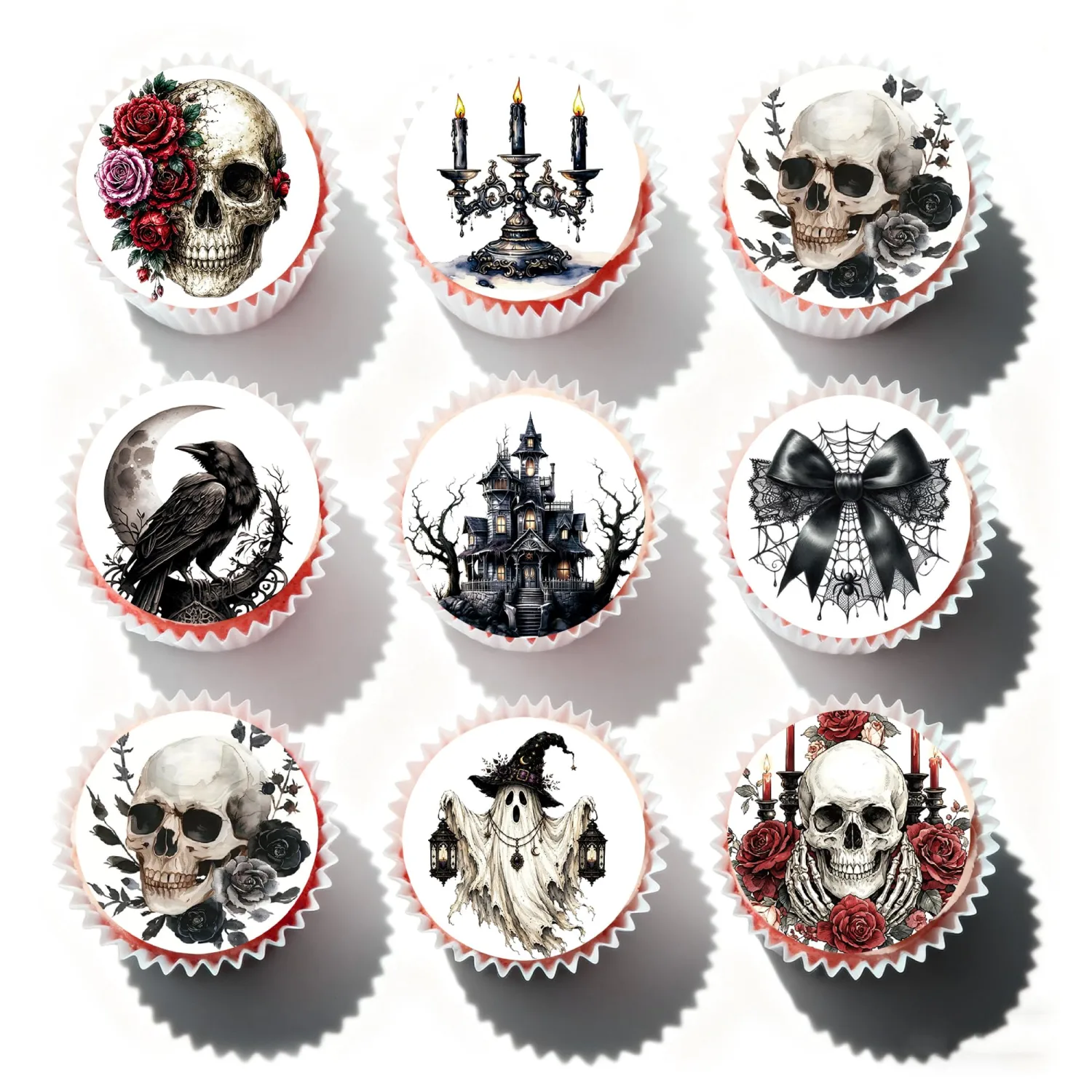 Edible Halloween Cupcake Toppers 48Pcs Skull Raven Ghost Edible Wafer Paper Decor