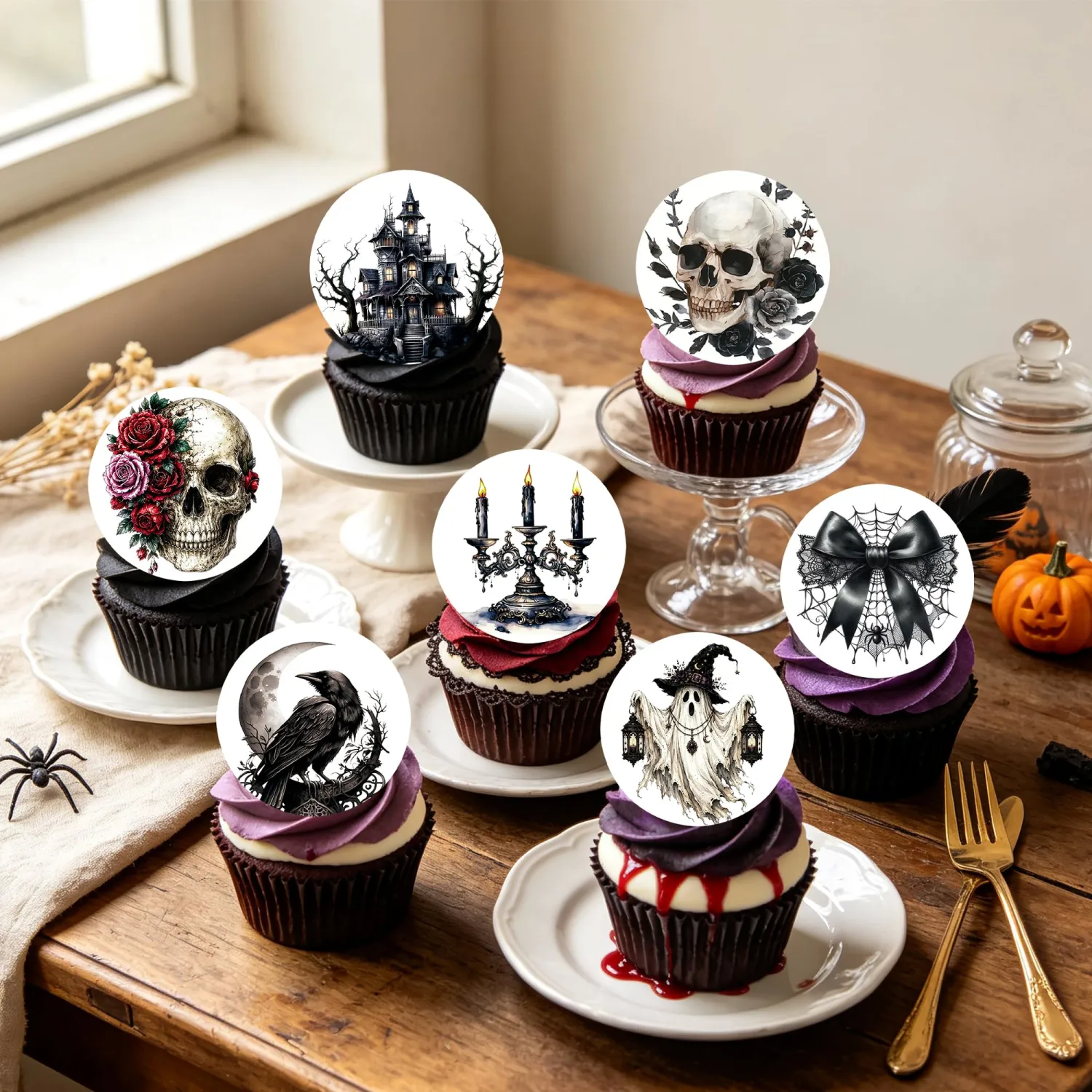 Edible Halloween Cupcake Toppers 48Pcs Skull Raven Ghost Edible Wafer Paper Decor