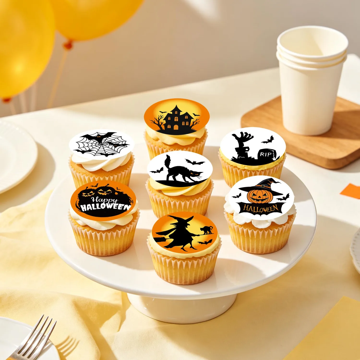 48Pcs Edible Halloween Cupcake Toppers Witch Pumpkin Bat Edible Wafer Paper Decor