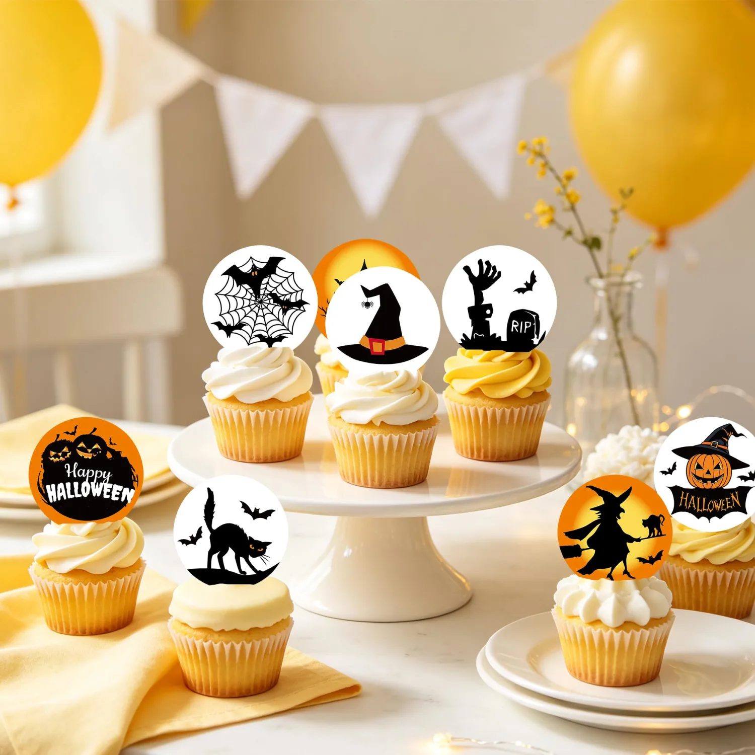 48Pcs Edible Halloween Cupcake Toppers Witch Pumpkin Bat Edible Wafer Paper Decor