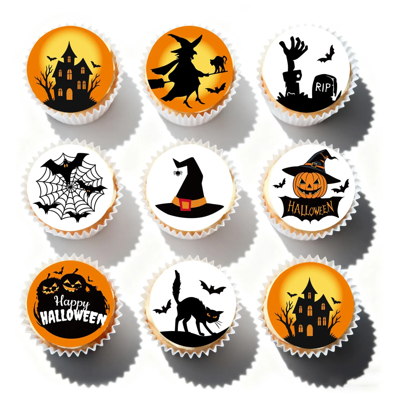 48Pcs Edible Halloween Cupcake Toppers Witch Pumpkin Bat Edible Wafer Paper Decor