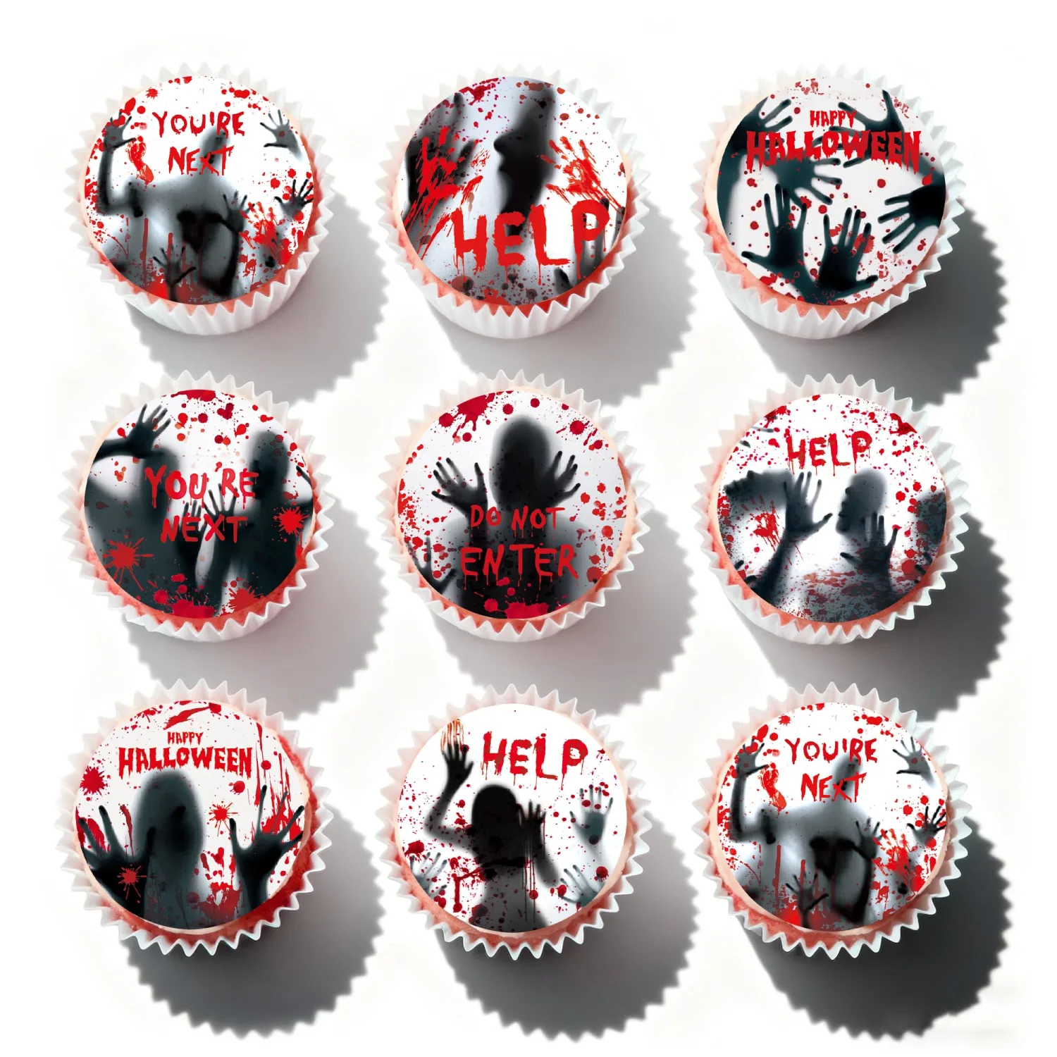64Pcs Edible Halloween Cupcake Toppers Wafer Paper Horror Bloody Hand Silhouette Decor Supplies