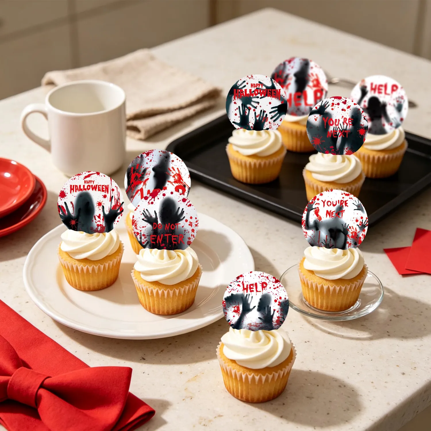 64Pcs Edible Halloween Cupcake Toppers Wafer Paper Horror Bloody Hand Silhouette Decor Supplies