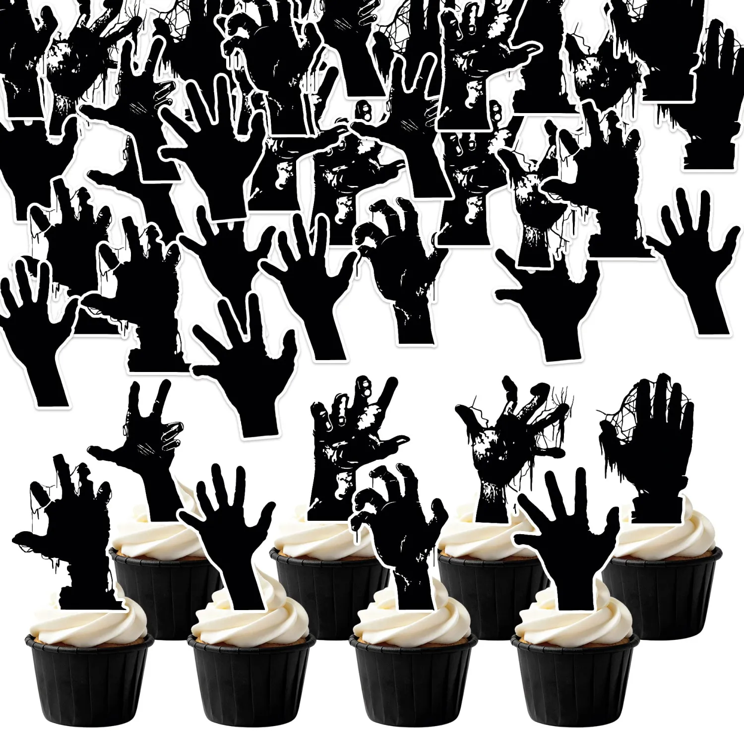 64Pcs Edible Halloween Cupcake Toppers Wafer Paper Bloody Zombie Hand Cupcake Toppers Picks for Halloween Party Birthday Party Decoration Supplies