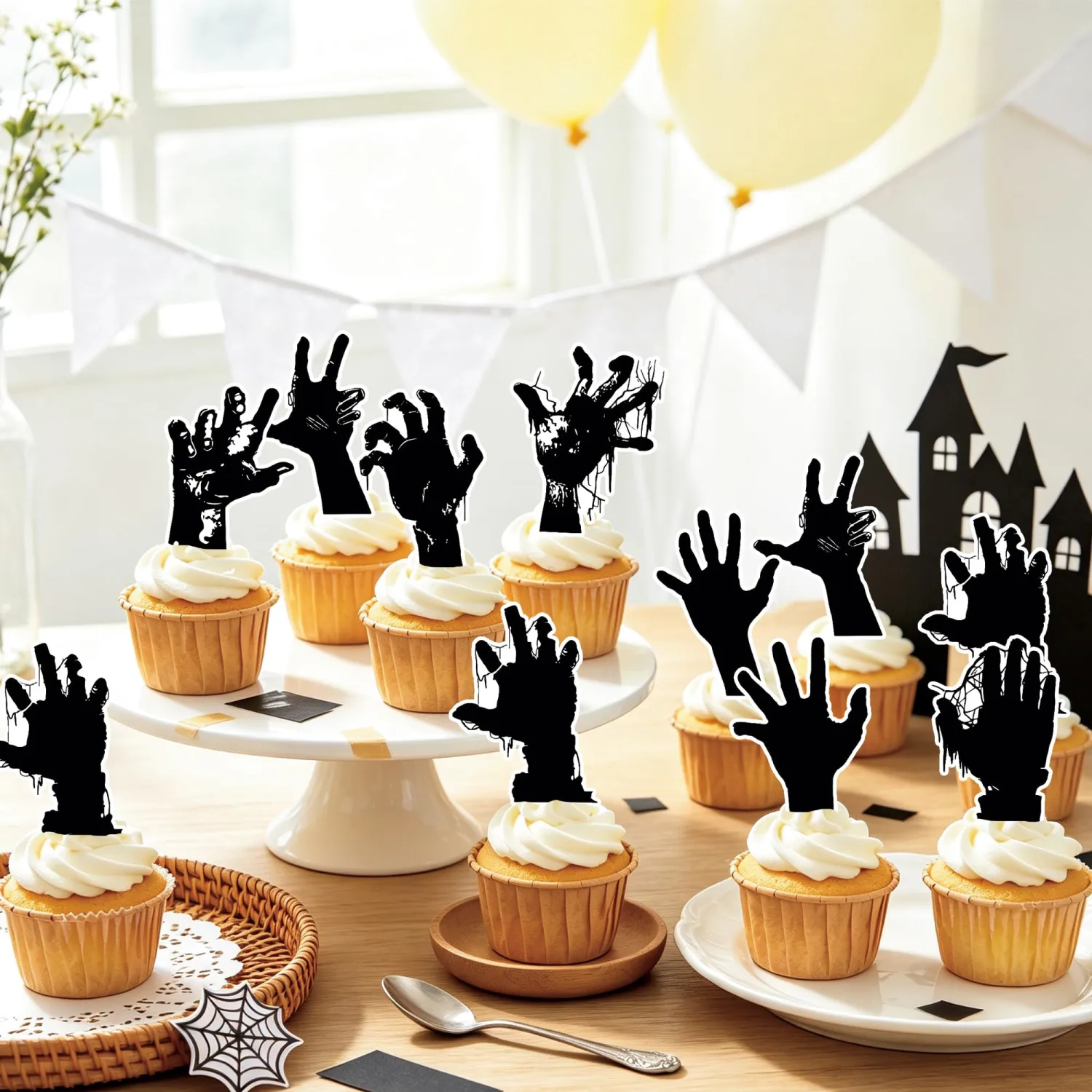 64Pcs Edible Halloween Cupcake Toppers Wafer Paper Bloody Zombie Hand Cupcake Toppers Picks for Halloween Party Birthday Party Decoration Supplies