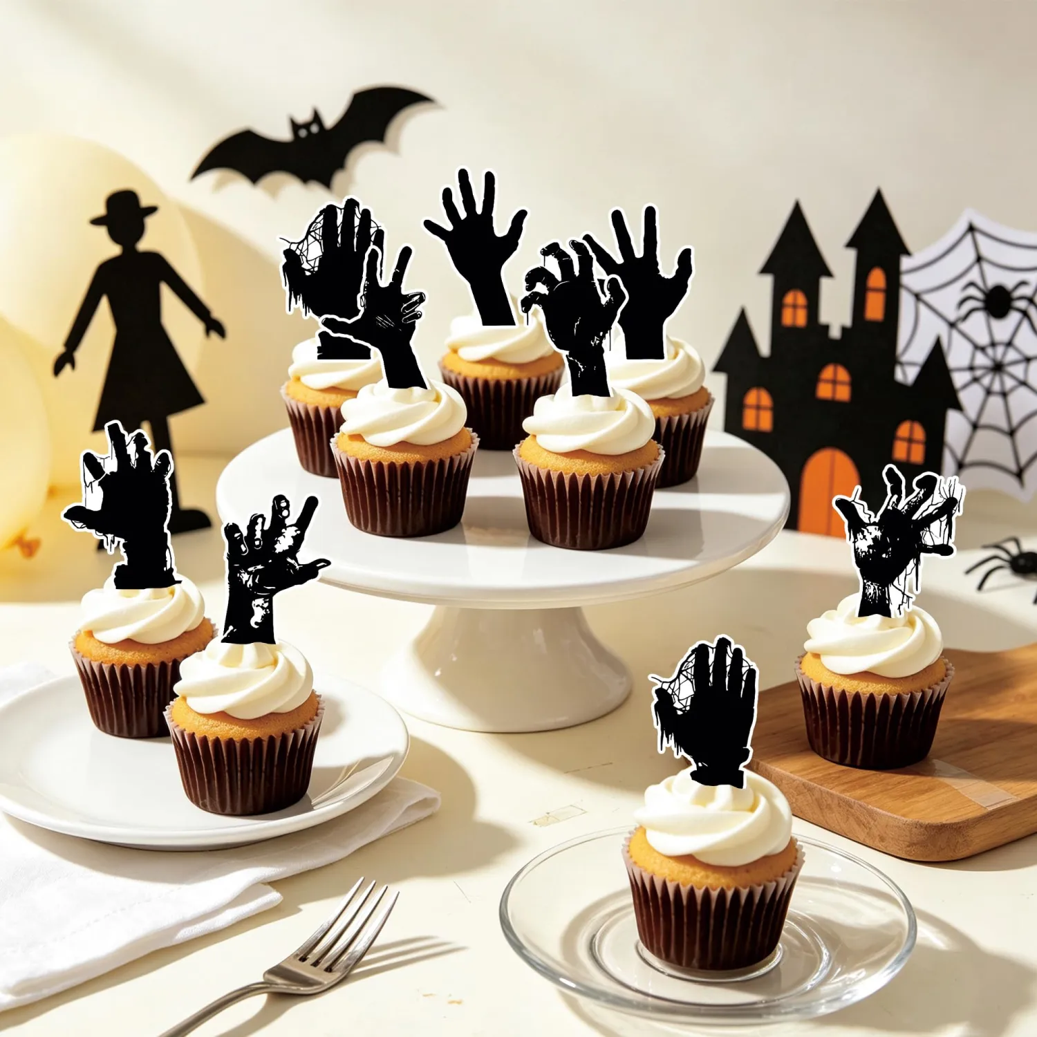 64Pcs Edible Halloween Cupcake Toppers Wafer Paper Bloody Zombie Hand Cupcake Toppers Picks for Halloween Party Birthday Party Decoration Supplies