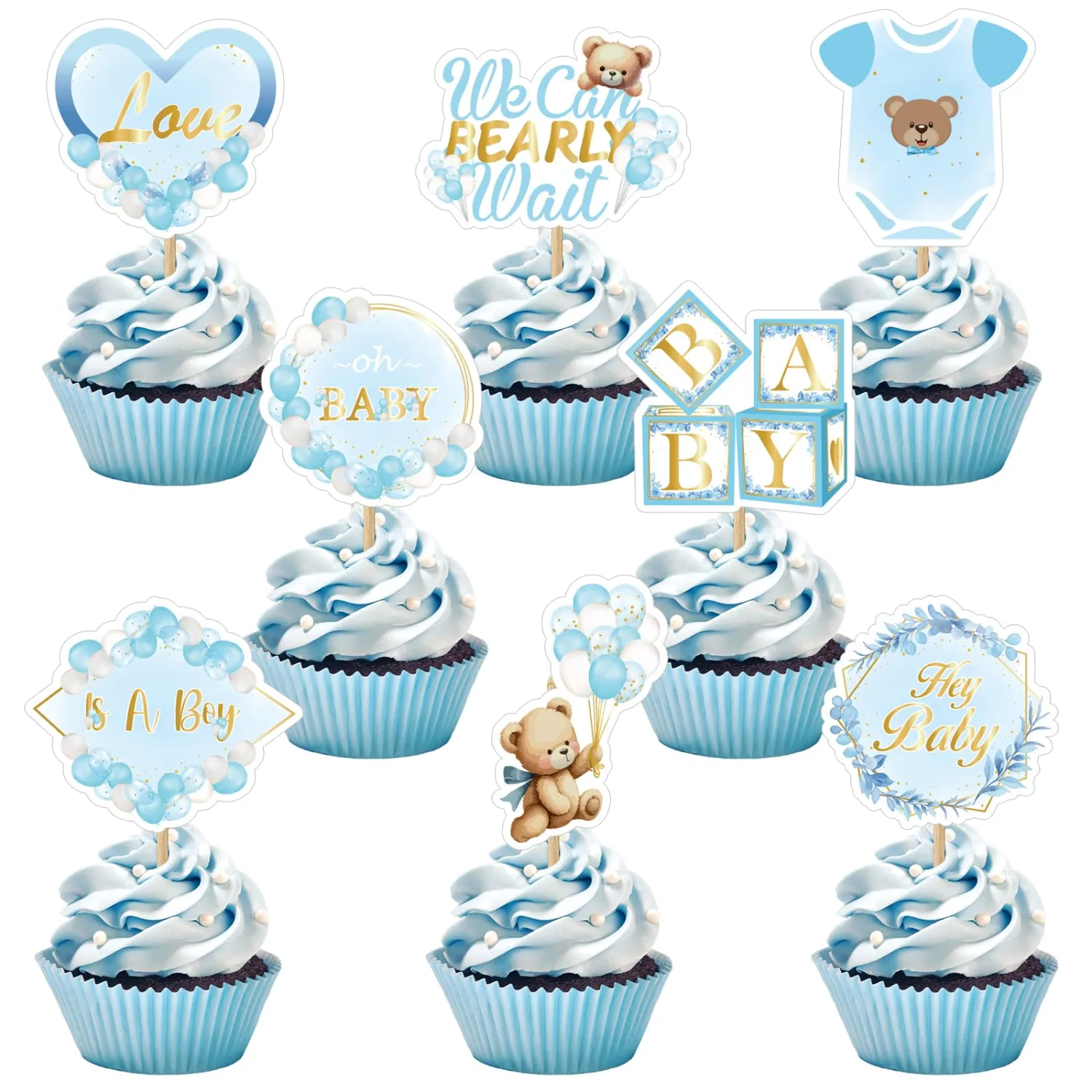 Weecent 48 Pcs We Can Bearly Wait Cupcake Toppers Bear Baby Shower Decorations Bear Cupcake Toppers Blue Baby Shower Cake Decorations for Boys Birthday Party Supplies
