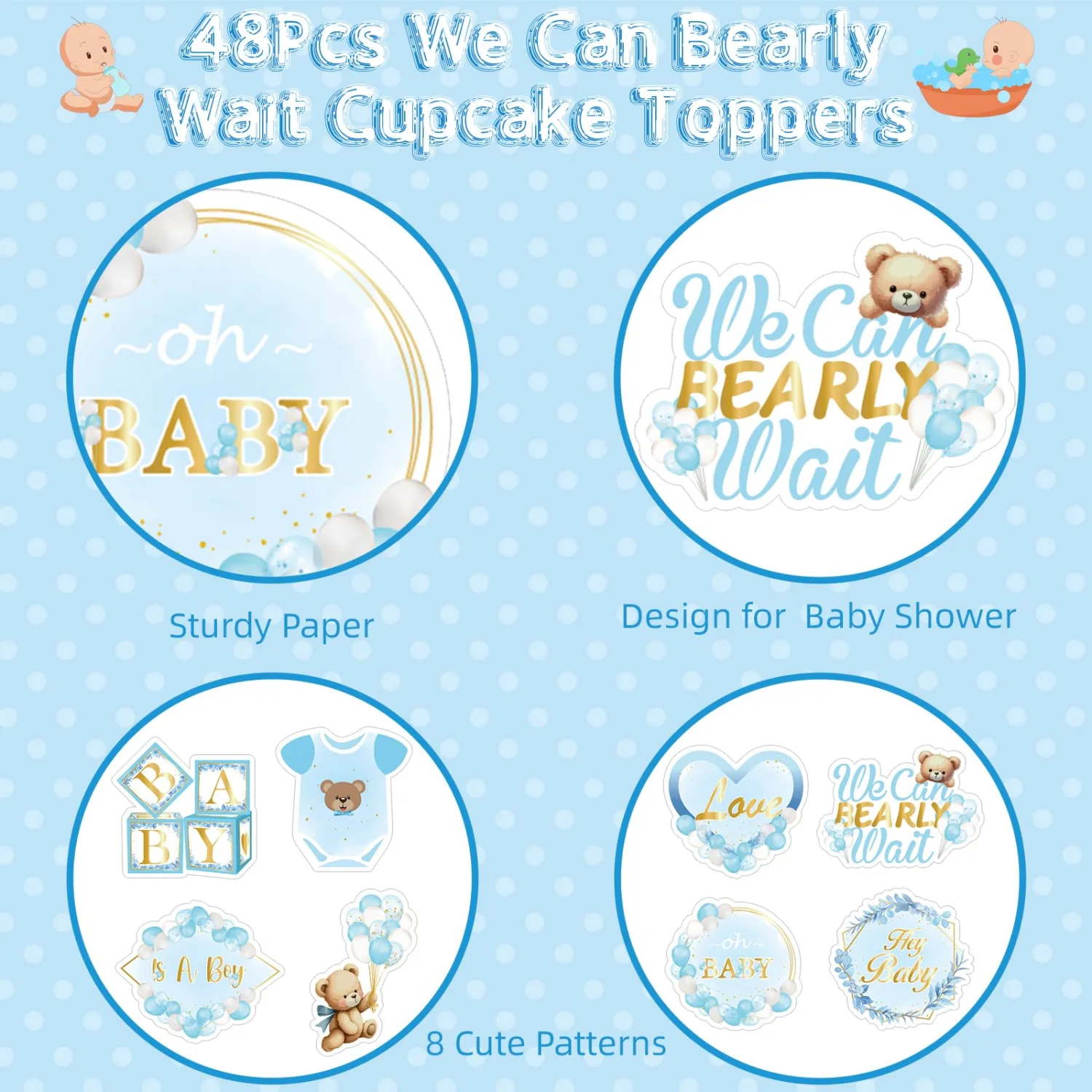 Weecent 48 Pcs We Can Bearly Wait Cupcake Toppers Bear Baby Shower Decorations Bear Cupcake Toppers Blue Baby Shower Cake Decorations for Boys Birthday Party Supplies