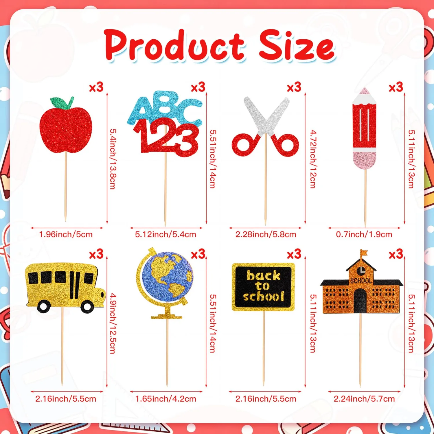 Back to School Cupcake Toppers, 24 PCS First Day of School Cupcake Toppers Party Decorations, Glitter Welcome Back to School Cake Decoration Food Picks Topper for School Activities Classroom Supplies