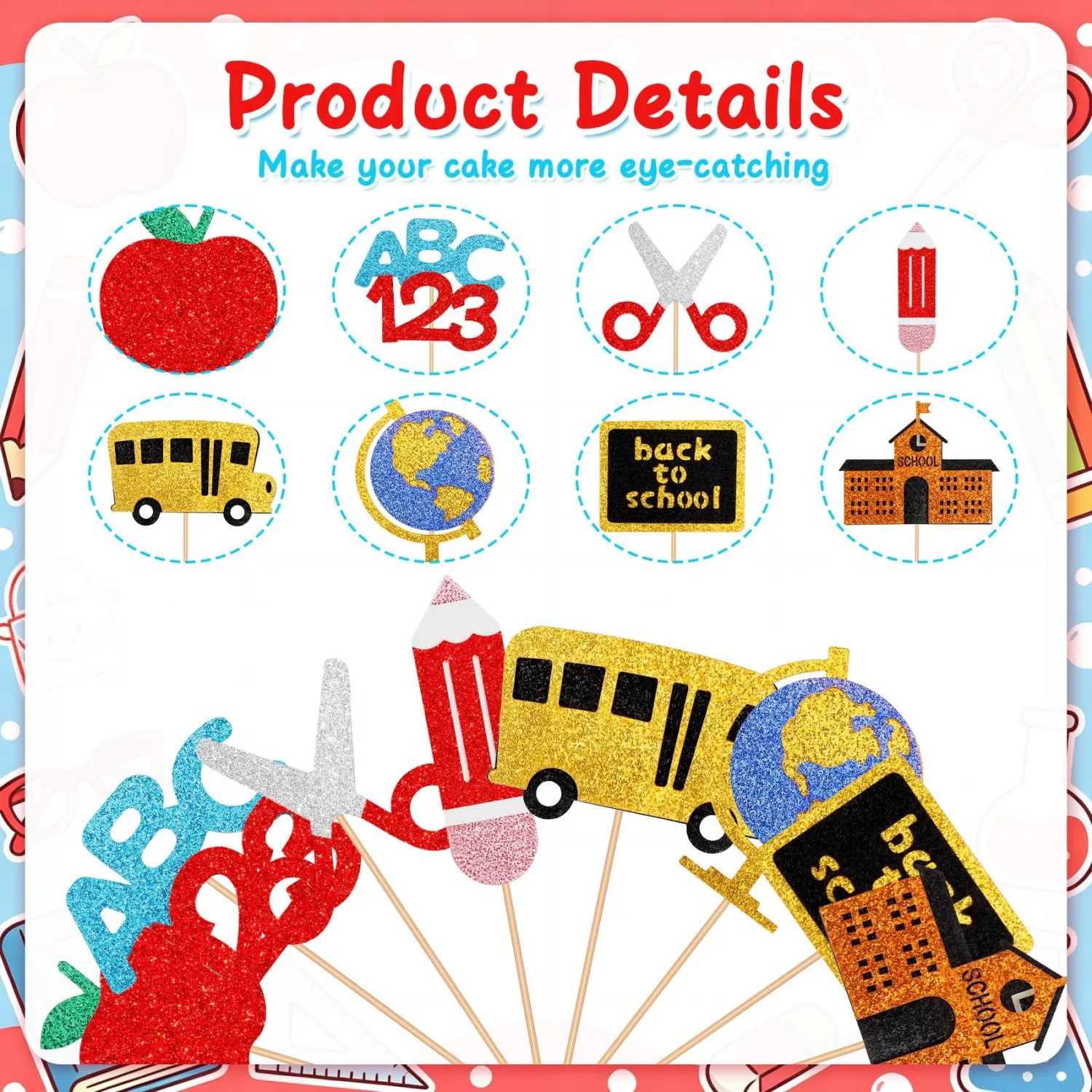 Back to School Cupcake Toppers, 24 PCS First Day of School Cupcake Toppers Party Decorations, Glitter Welcome Back to School Cake Decoration Food Picks Topper for School Activities Classroom Supplies