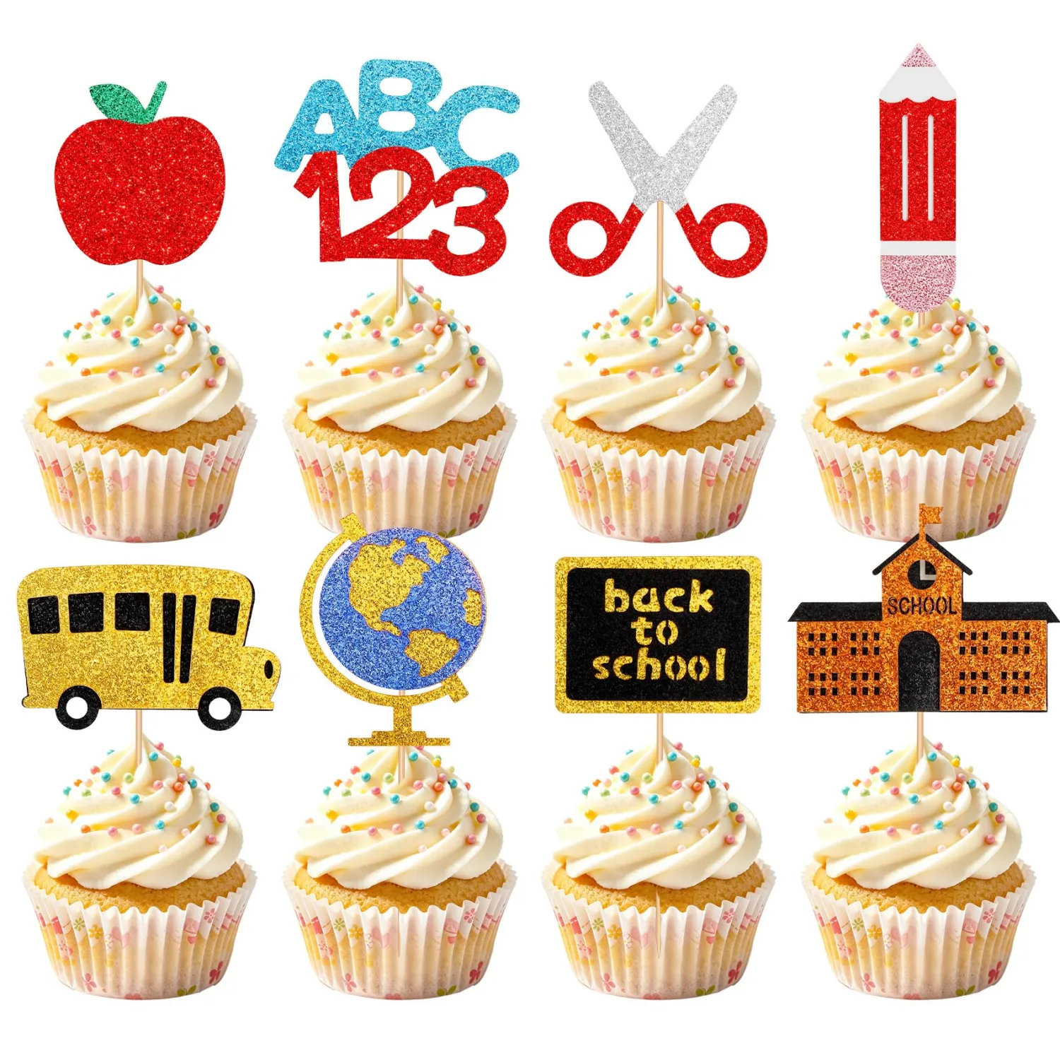 Back to School Cupcake Toppers, 24 PCS First Day of School Cupcake Toppers Party Decorations, Glitter Welcome Back to School Cake Decoration Food Picks Topper for School Activities Classroom Supplies