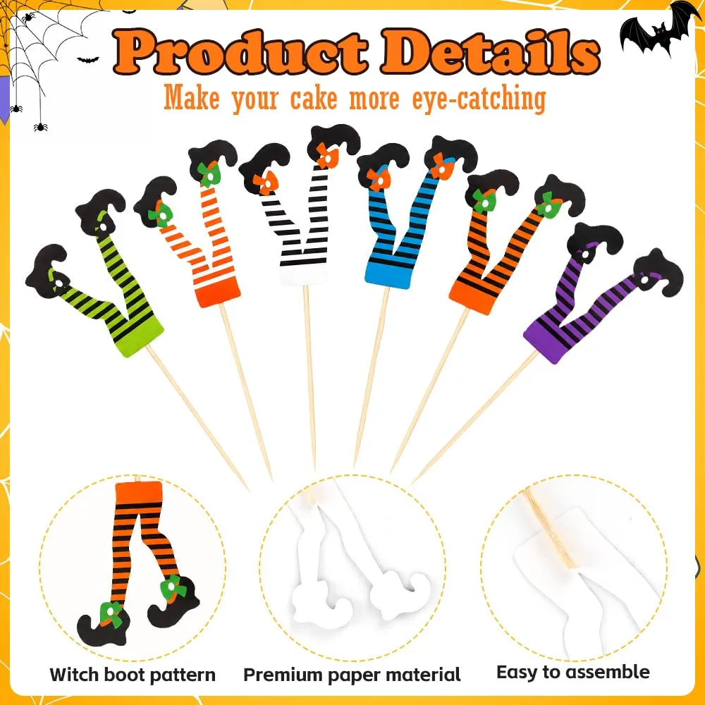 Halloween Cupcake Toppers, 24 PCS Halloween Witch Boot Cupcake Toppers, Halloween Witch Leg Boot Paper Cupcake Picks Food Picks Cake Decorations for Halloween Party Decoration Birthday Party Supplies