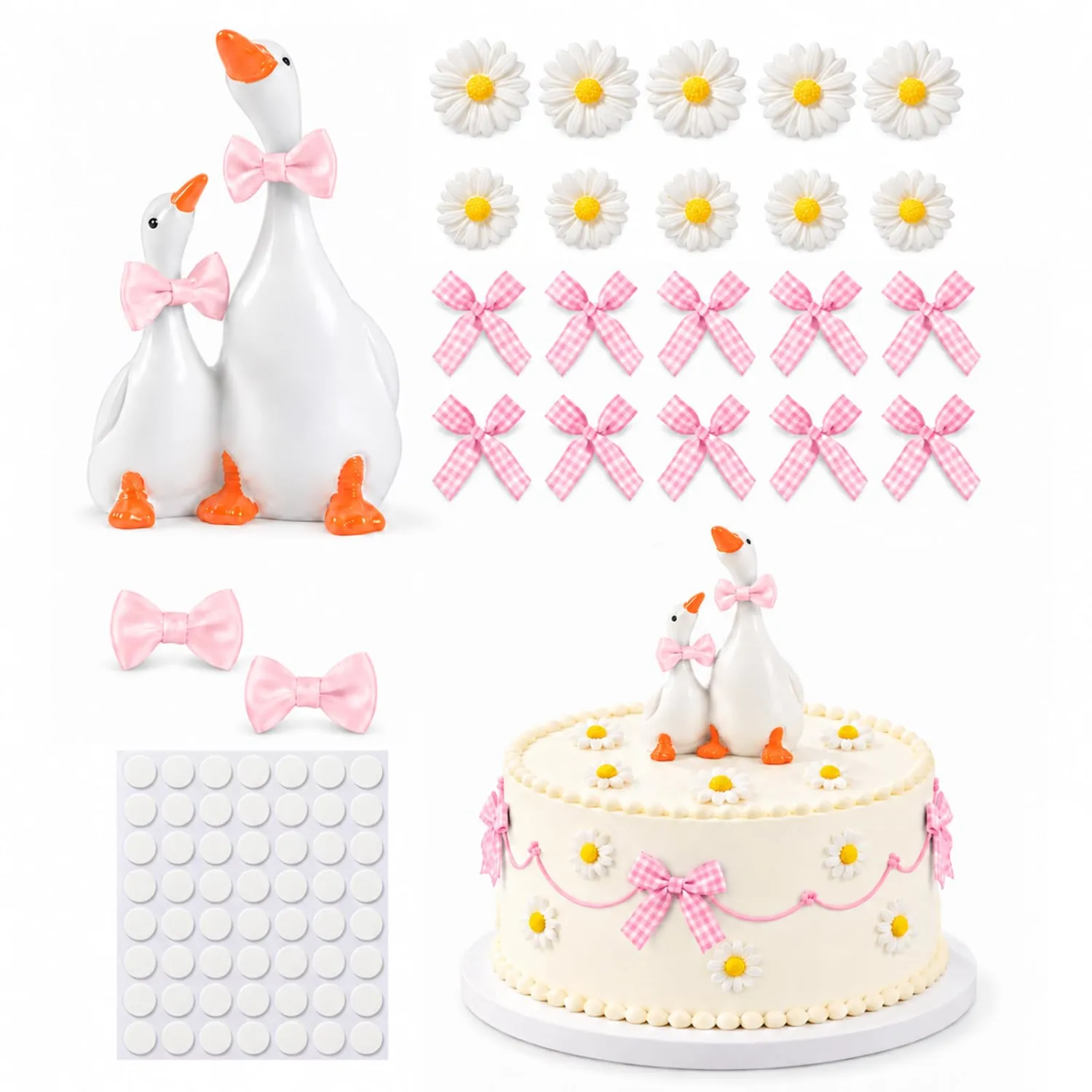 24 Pcs Pink Bow Tie Silly Goose Cake Topper Set