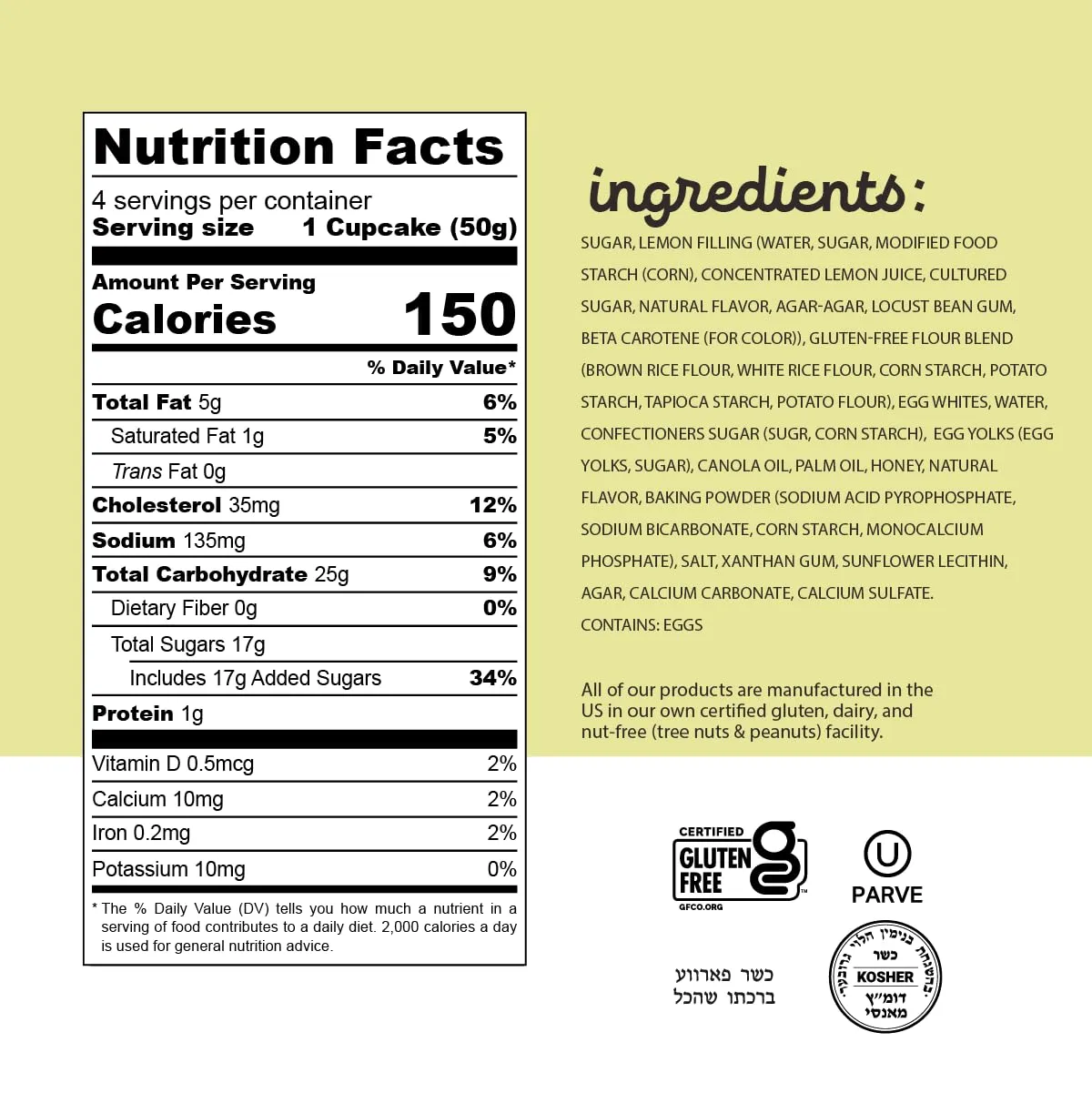 Katz Gluten Free Lemon Creme Filled Cupcakes. Free of Dairy, Peanuts, Tree Nuts, and Sesame. Kosher Snack, 7oz (6Pk)