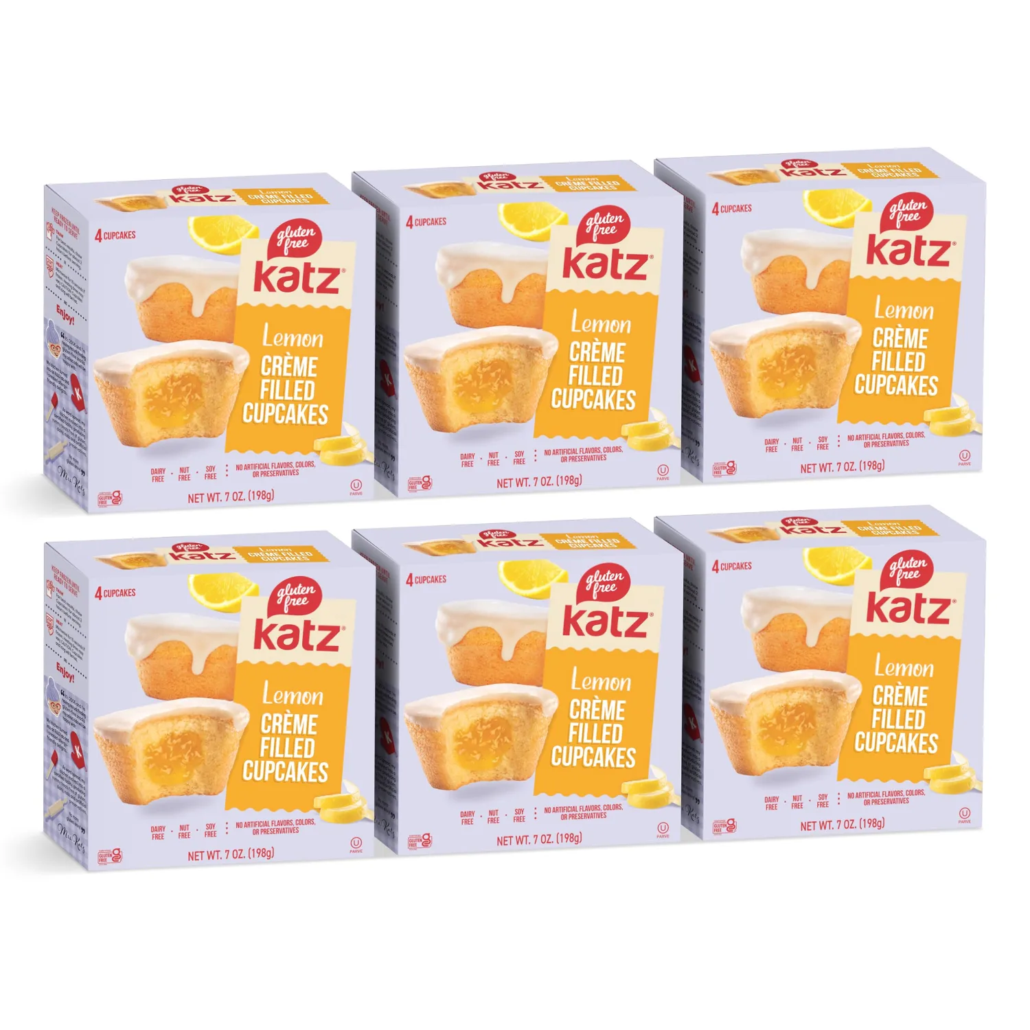 Katz Gluten Free Lemon Creme Filled Cupcakes. Free of Dairy, Peanuts, Tree Nuts, and Sesame. Kosher Snack, 7oz (6Pk)
