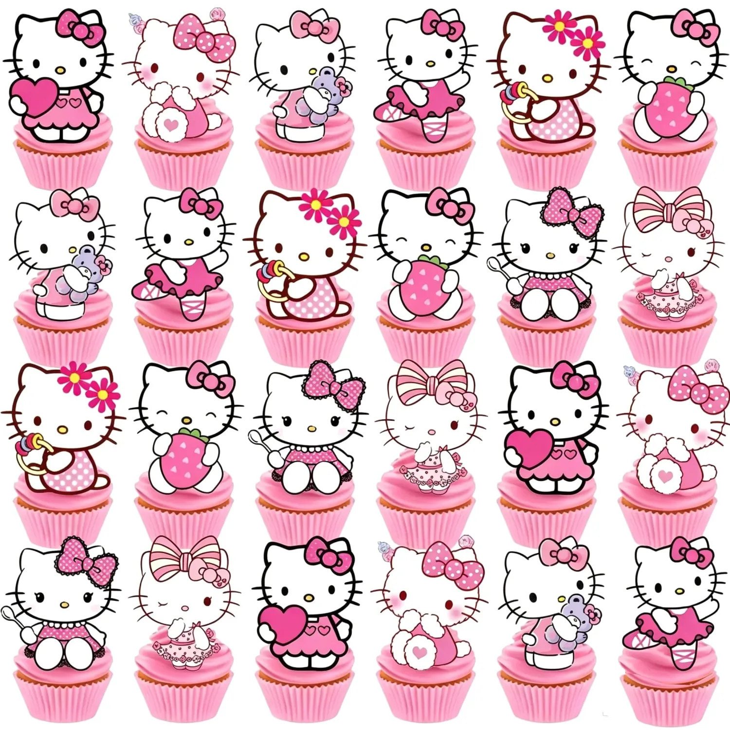 24pcs Hello Pink Cat Kawaii Happy Birthday Cupcake Toppers Cake Decorations