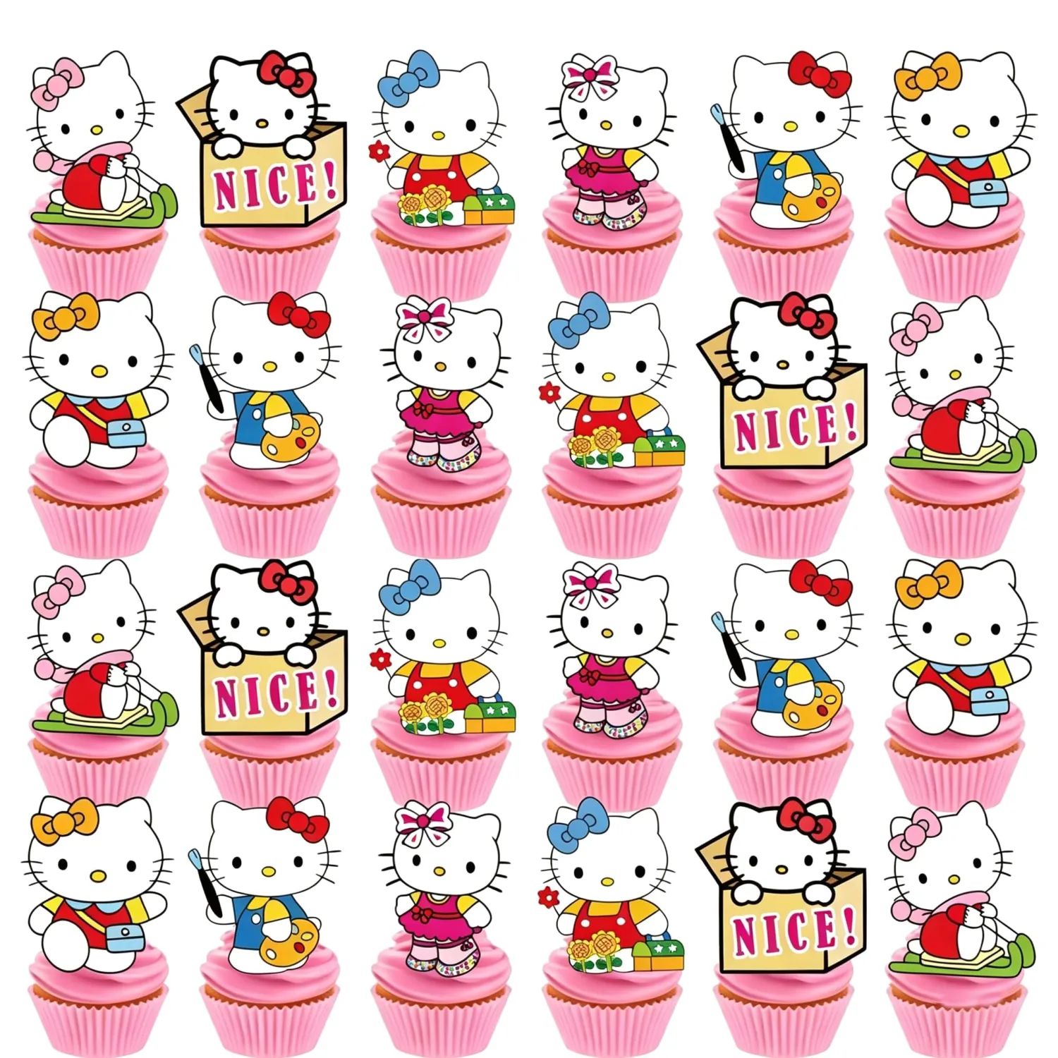 24pcs Hello Pink Kawaii Cat Cupcake Topper Cake Decorations