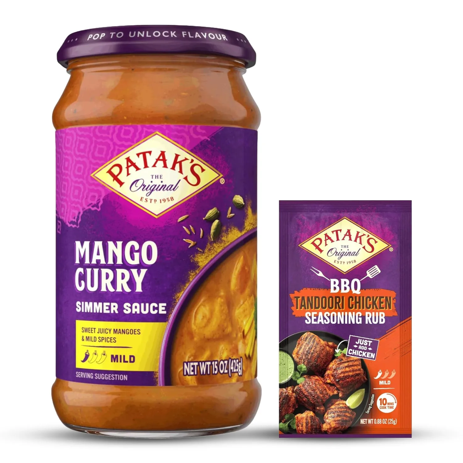 Pataks Mango Curry Simmer Sauce 15 oz and BBQ Tandoori Chicken Seasoning Rub 0.88 oz Variety Pack - Mild & Creamy Indian Curry Sauce with Bold Tandoori Masala Spice Rub for Chicken and Vegetables