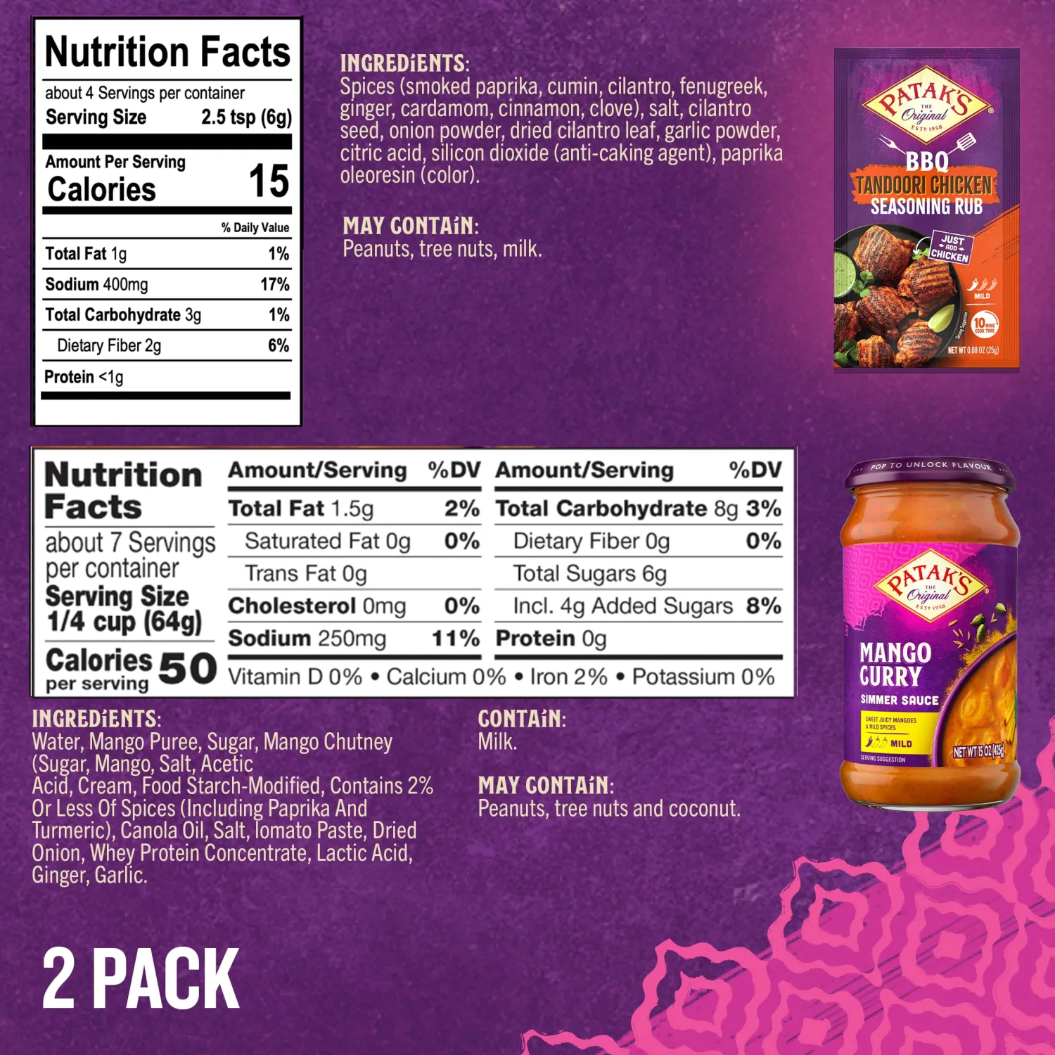 Pataks Mango Curry Simmer Sauce 15 oz and BBQ Tandoori Chicken Seasoning Rub 0.88 oz Variety Pack - Mild & Creamy Indian Curry Sauce with Bold Tandoori Masala Spice Rub for Chicken and Vegetables