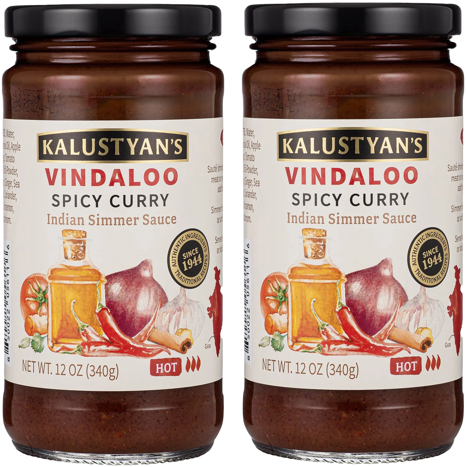 Kalustyan's Spicy Indian Vindaloo Simmer Sauce – Tangy, Fiery Curry Sauce for Authentic Goan-Style Indian Food - Ideal for Meat, Seafood or Vegetable Curries (Pack of 2)