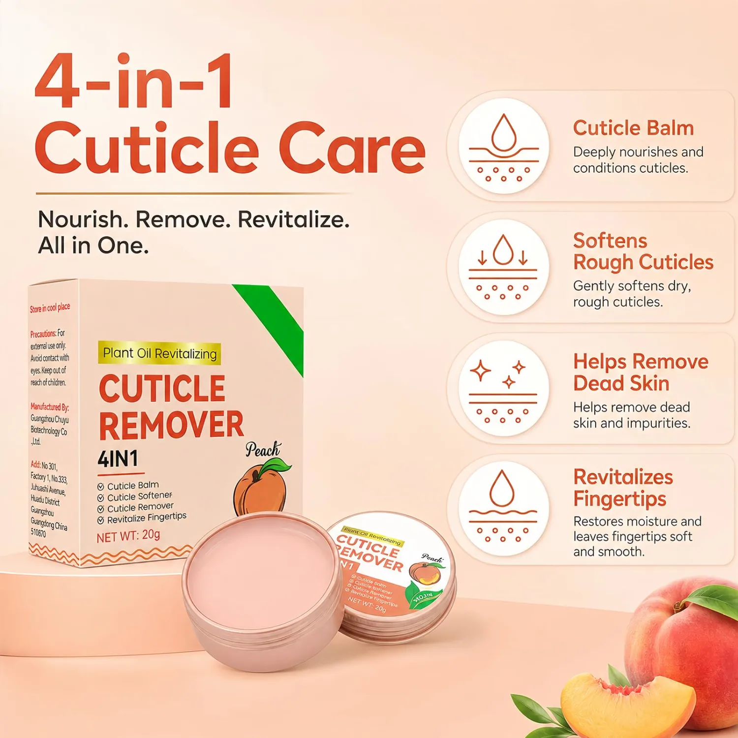 NovaCharm Peach Cuticle Cream, 20G Moisturizing Nail Care Balm