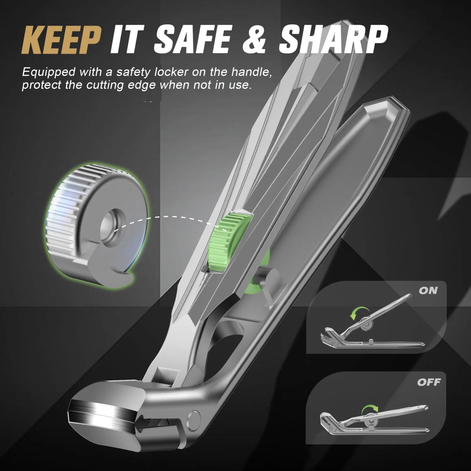 FERYES Curved Head Toe Nail Clippers for Thick Nails for Seniors - Ergonomic Senior-Friendly Finger Nail Clippers with Catcher, Sharp Toenail Clipper for Thick Toenails with Safety Locker (Sliver)
