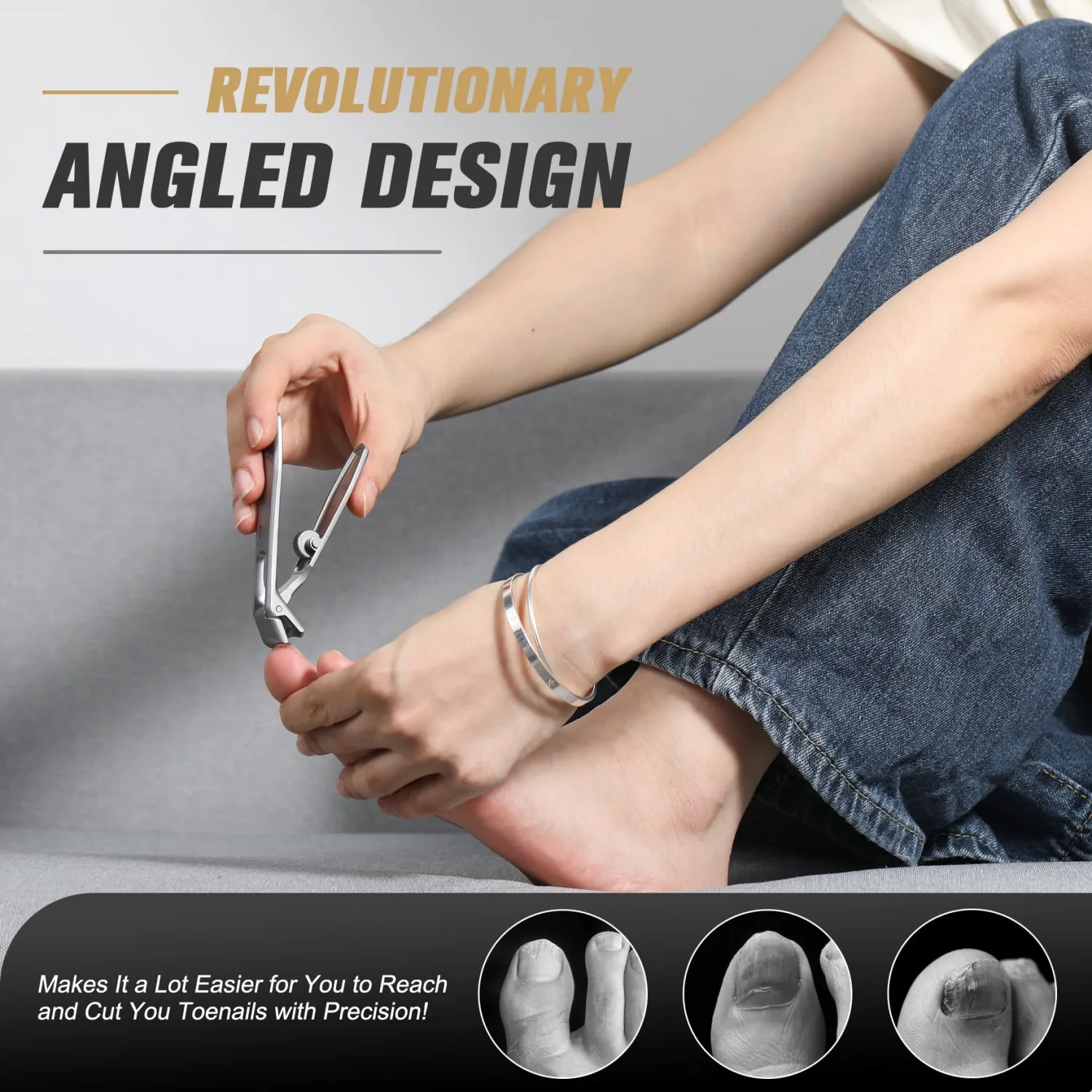 FERYES Curved Head Toe Nail Clippers for Thick Nails for Seniors - Ergonomic Senior-Friendly Finger Nail Clippers with Catcher, Sharp Toenail Clipper for Thick Toenails with Safety Locker (Sliver)