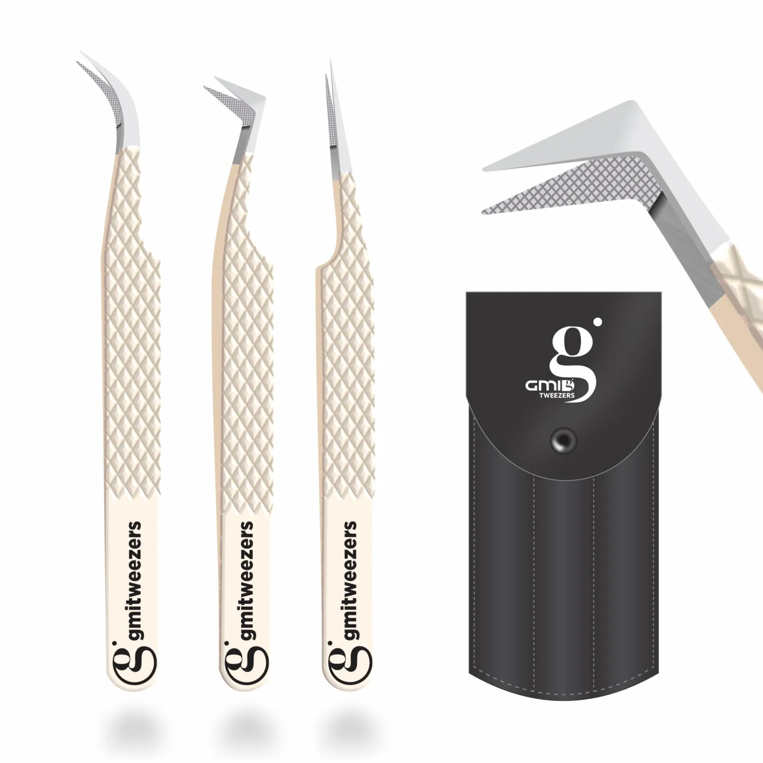 Fiber Tip Lash Tweezers- Pack of 3 Eyelash Extension Tweezers Professional- Lash Tweezers. (Light Nude)