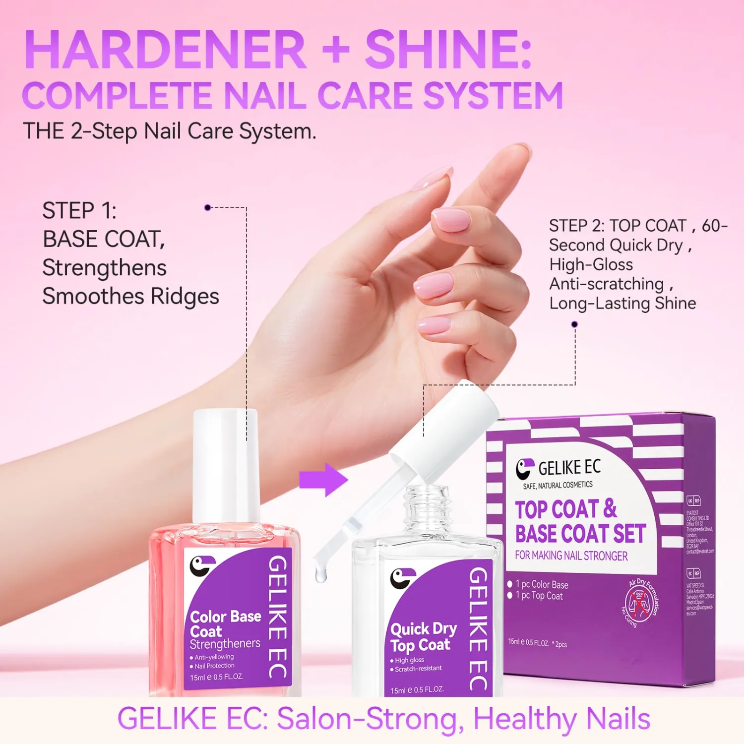 Gelike EC Top and Base Coat for Women:Quick Dry Nail Polish for Weak Nails