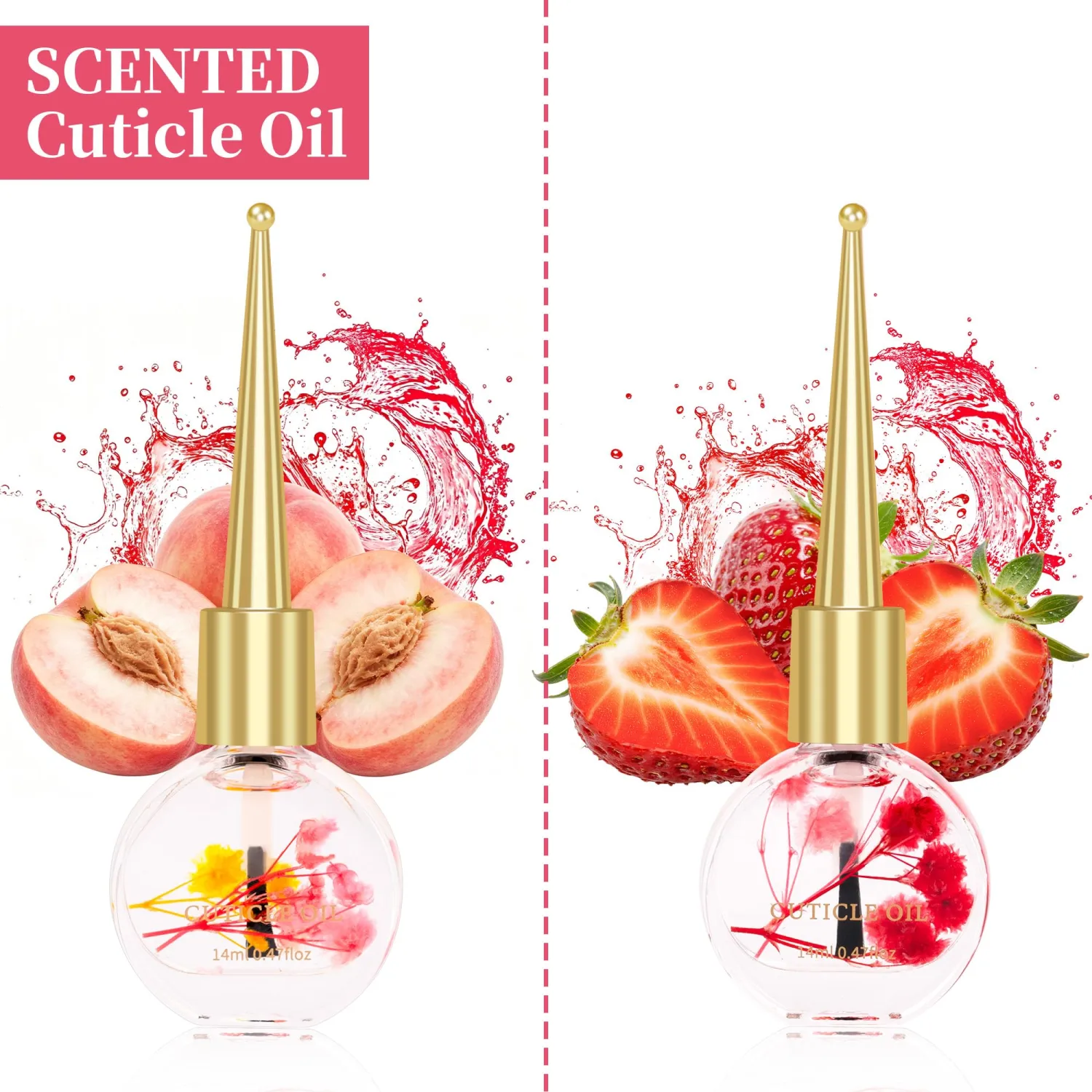 Meschett Cuticle Oil for Nails with Flowers – 0.47oz Nail Oil, Nourishing & Moisturizing Formula, Softening Cuticle Care, Holiday Gift for Women (2PCS,Peach & Strawberry)