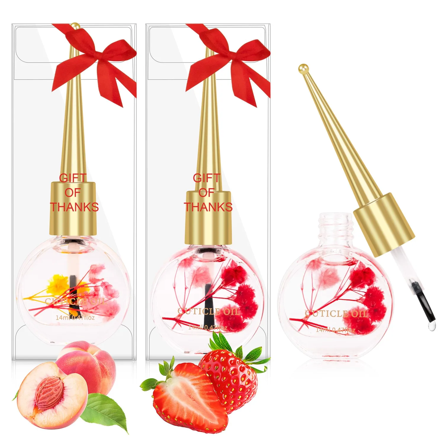 Meschett Cuticle Oil for Nails with Flowers – 0.47oz Nail Oil, Nourishing & Moisturizing Formula, Softening Cuticle Care, Holiday Gift for Women (2PCS,Peach & Strawberry)