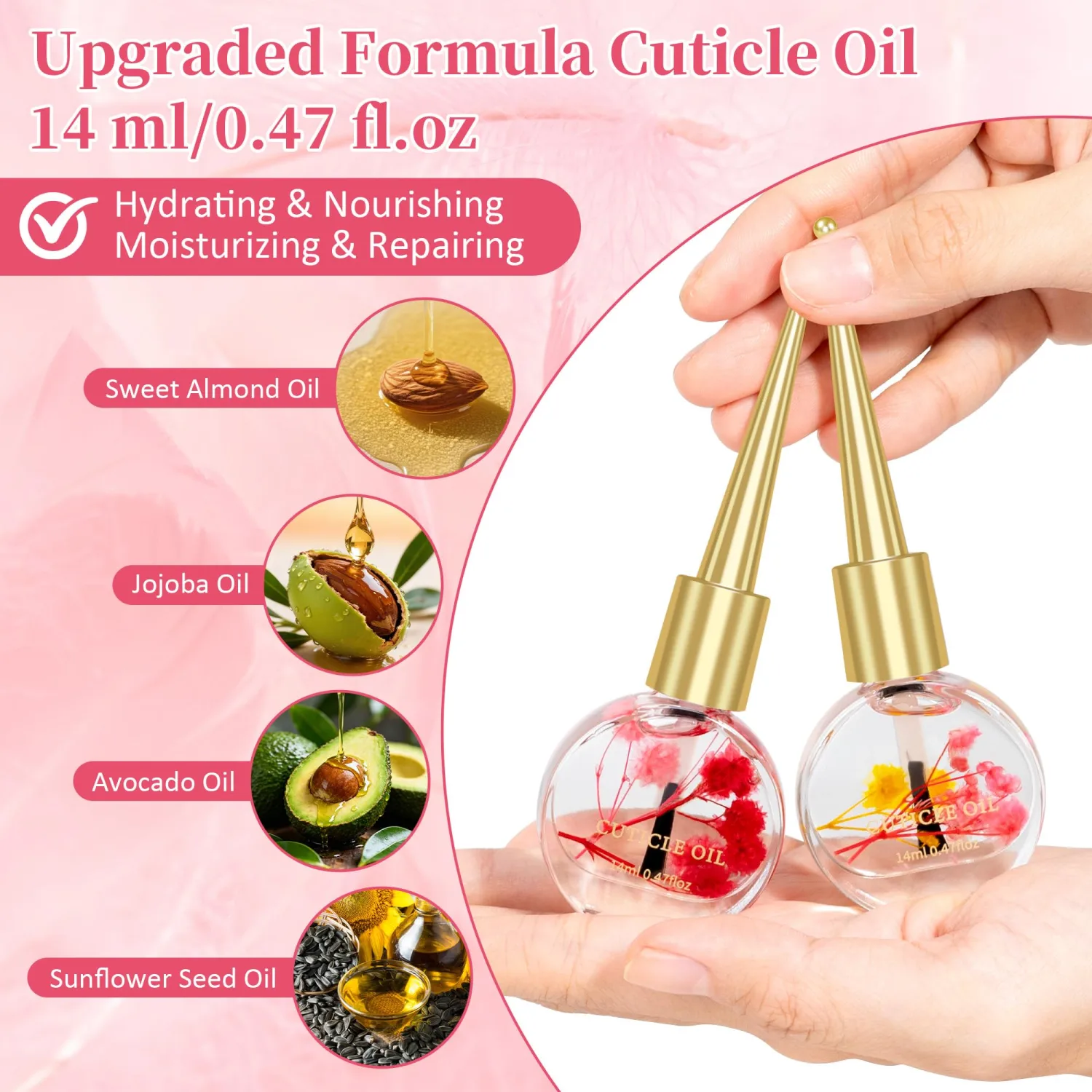 Meschett Cuticle Oil for Nails with Flowers – 0.47oz Nail Oil, Nourishing & Moisturizing Formula, Softening Cuticle Care, Holiday Gift for Women (2PCS,Peach & Strawberry)