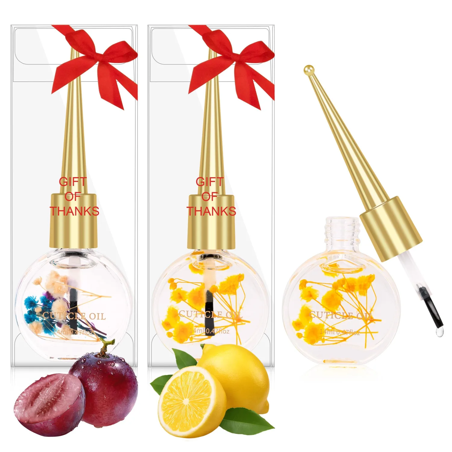 Meschett Cuticle Oil for Nails with Flowers – 0.47oz Nail Oil, Nourishing & Moisturizing Formula, Softening Cuticle Care, Holiday Gift for Women –(2PCS, Grape & Lemon)