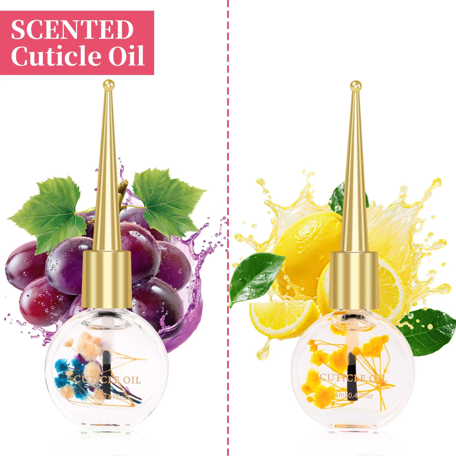 Meschett Cuticle Oil for Nails with Flowers – 0.47oz Nail Oil, Nourishing & Moisturizing Formula, Softening Cuticle Care, Holiday Gift for Women –(2PCS, Grape & Lemon)