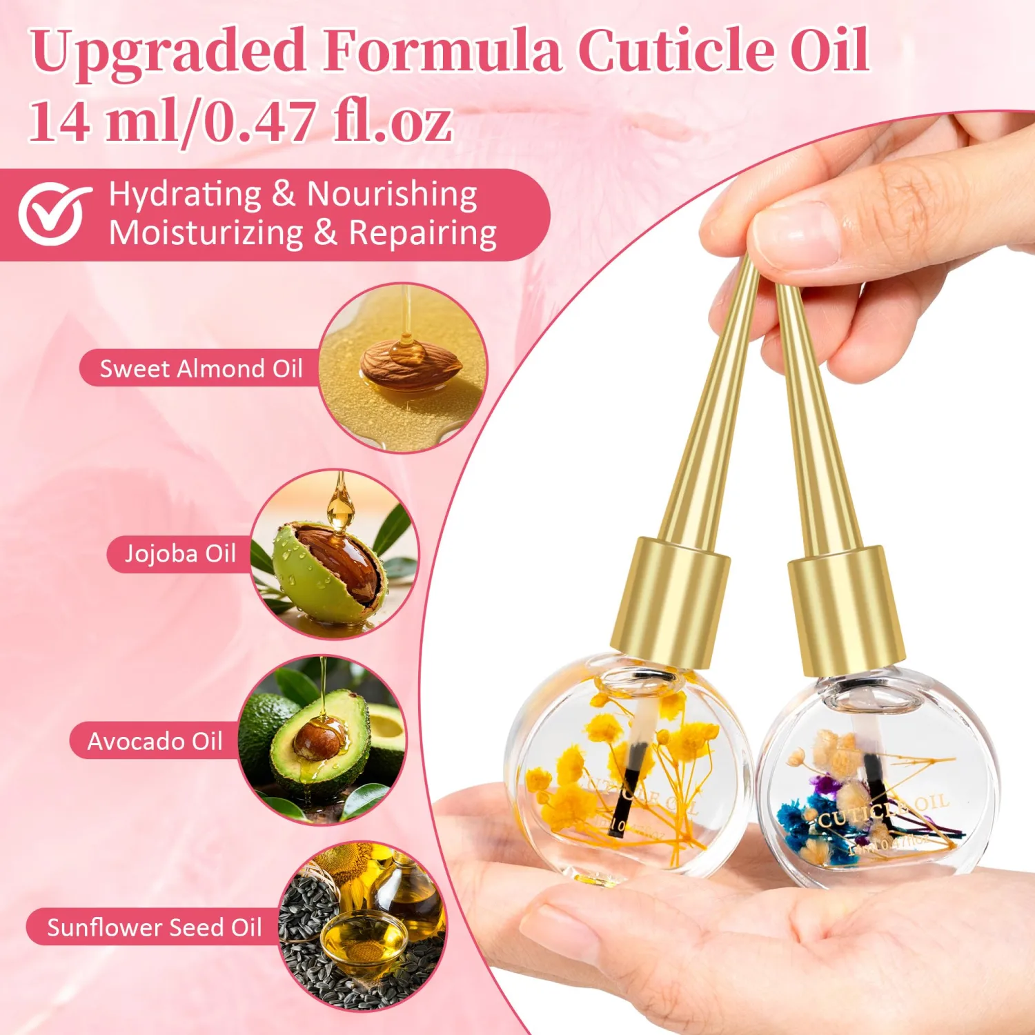 Meschett Cuticle Oil for Nails with Flowers – 0.47oz Nail Oil, Nourishing & Moisturizing Formula, Softening Cuticle Care, Holiday Gift for Women –(2PCS, Grape & Lemon)