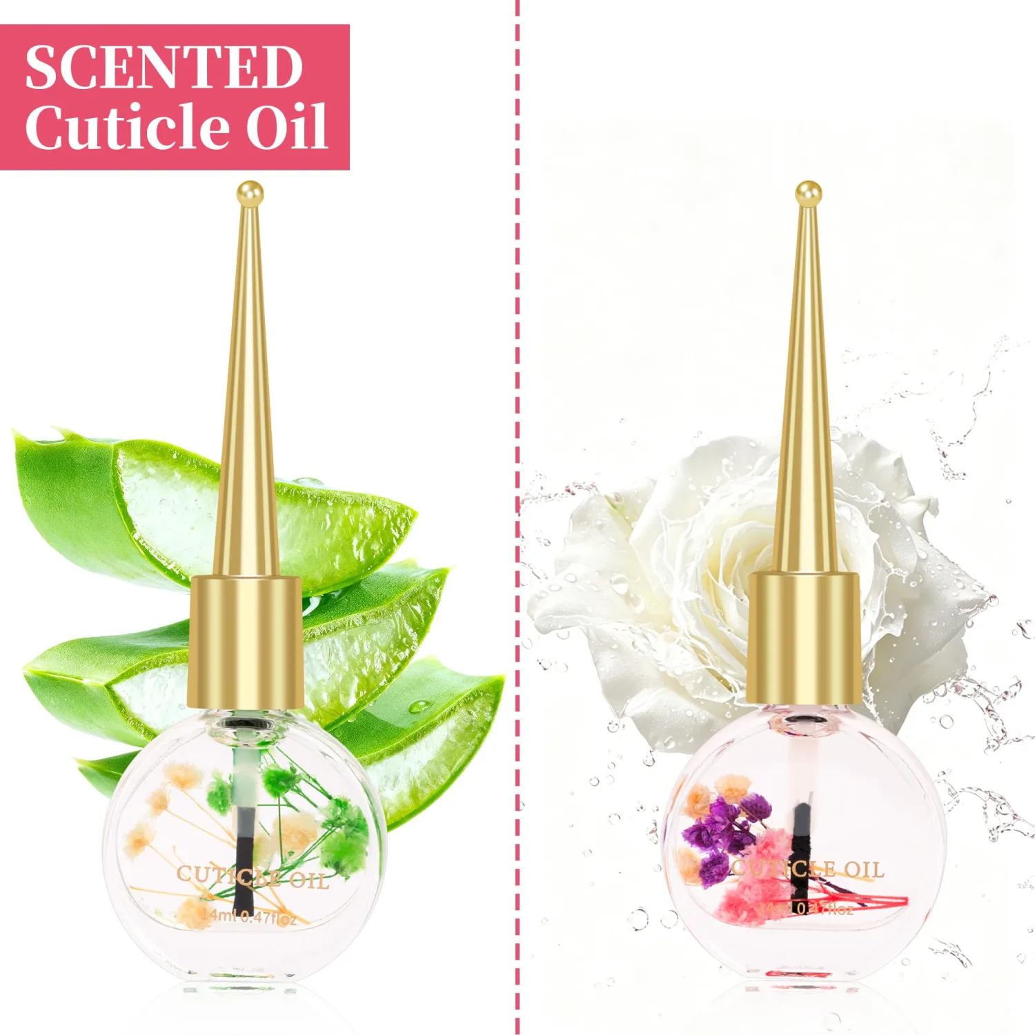 Cuticle Oil for Nails with Flowers – 0.47oz Nail Oil, Nourishing & Moisturizing Formula, Softening Cuticle Care, Holiday Gift for Women (2PCS, Jasmine & Aloe)