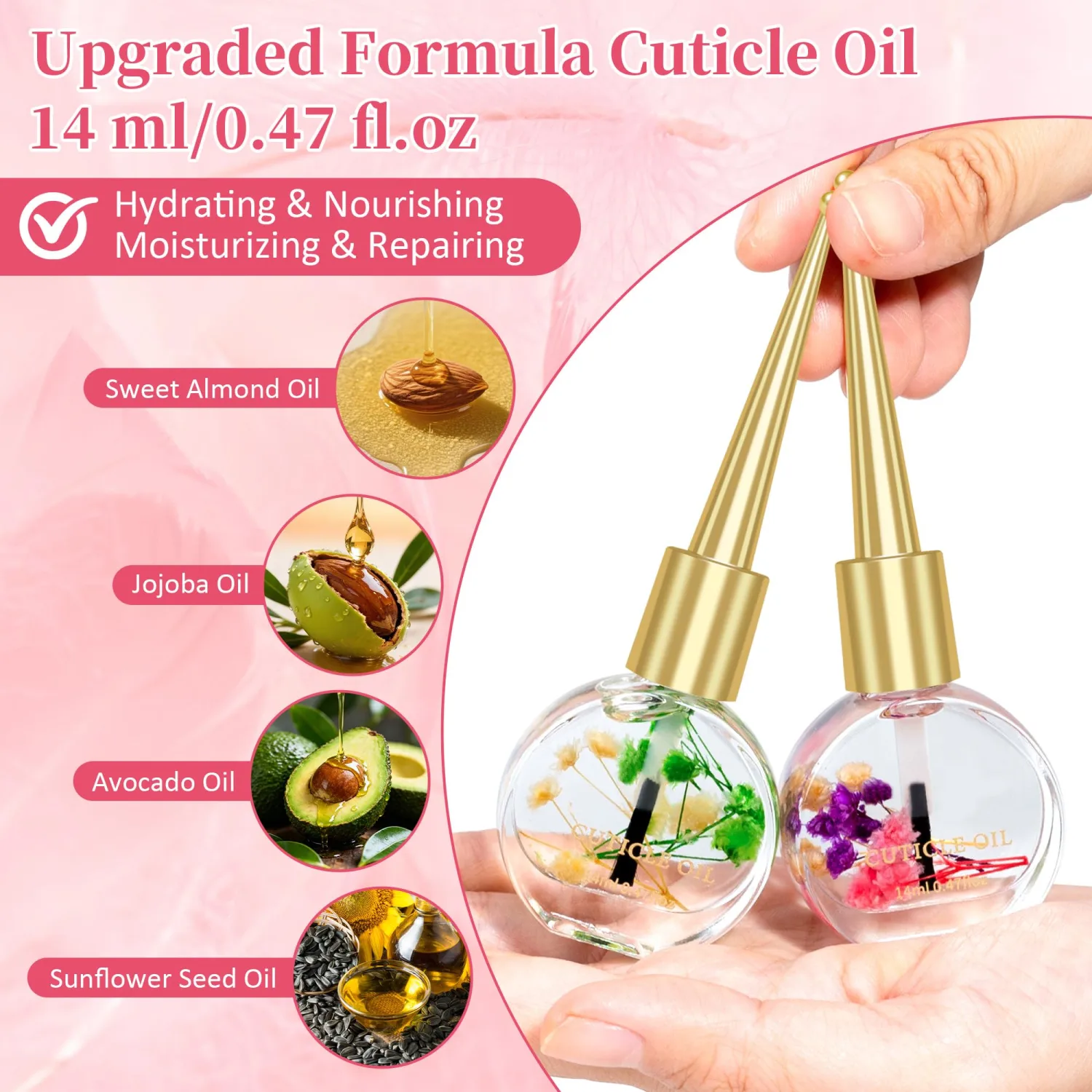 Cuticle Oil for Nails with Flowers – 0.47oz Nail Oil, Nourishing & Moisturizing Formula, Softening Cuticle Care, Holiday Gift for Women (2PCS, Jasmine & Aloe)