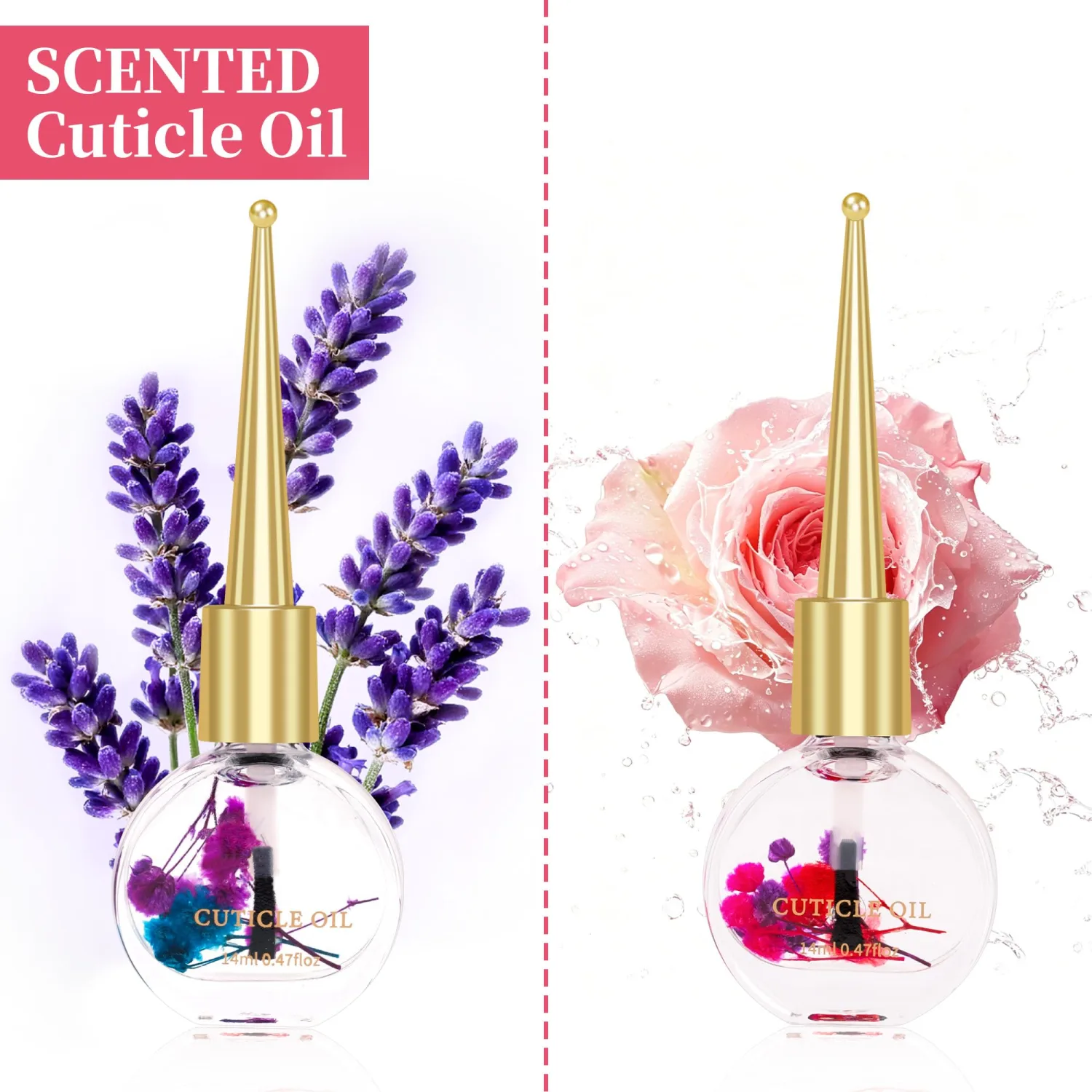 Meschett Cuticle Oil for Nails with Flowers – 0.47oz Nail Oil, Nourishing & Moisturizing Formula, Softening Cuticle Care, Holiday Gift for Women (2PCS, Lavender & Rose)