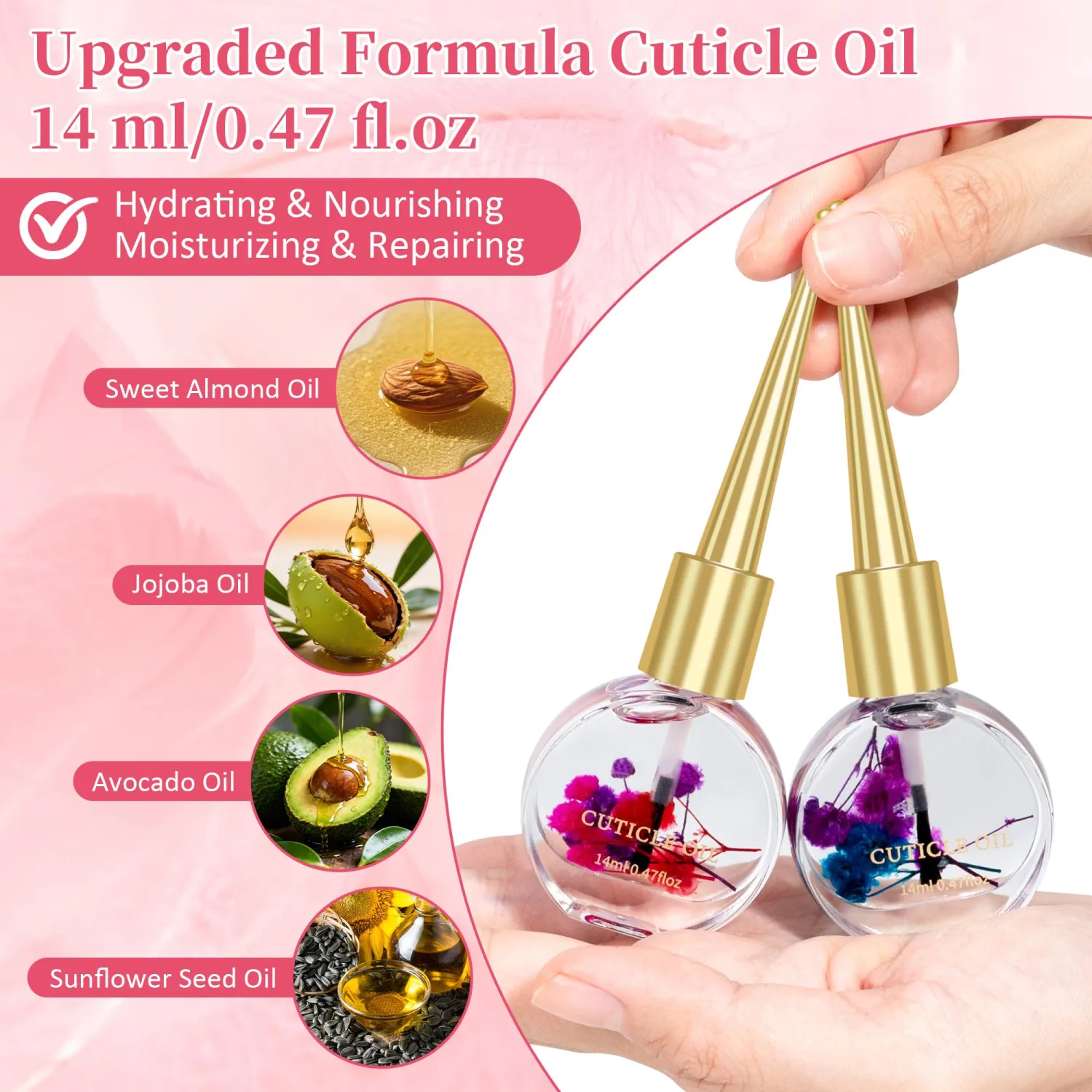 Meschett Cuticle Oil for Nails with Flowers – 0.47oz Nail Oil, Nourishing & Moisturizing Formula, Softening Cuticle Care, Holiday Gift for Women (2PCS, Lavender & Rose)
