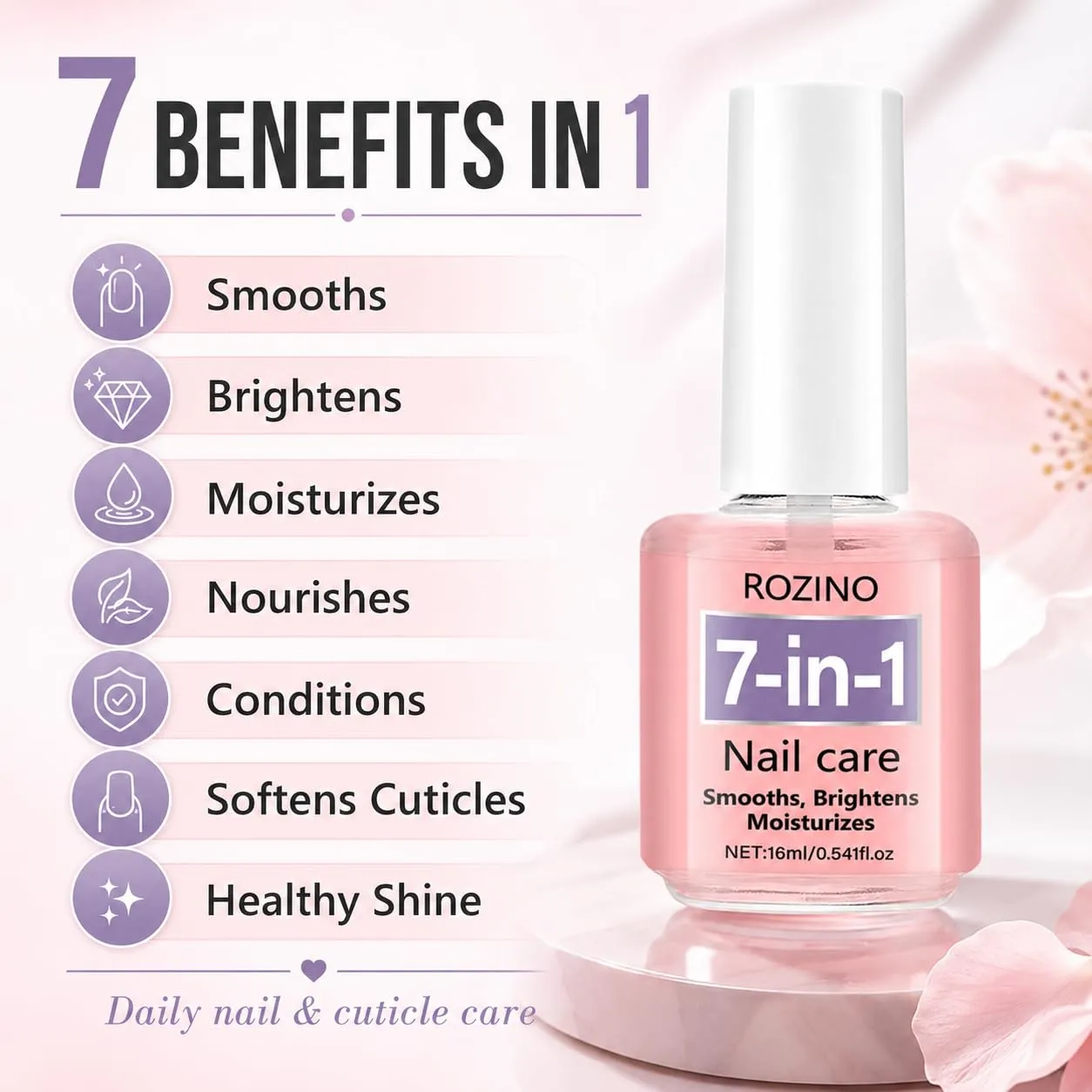 7-in-1 Nail Care Treatment, Nail Strengthener & Cuticle Oil for Dry Brittle Nails, Hydrating Nail Repair Serum to Smooth, Brighten & Moisturize Cuticles, Daily Natural Nail Care