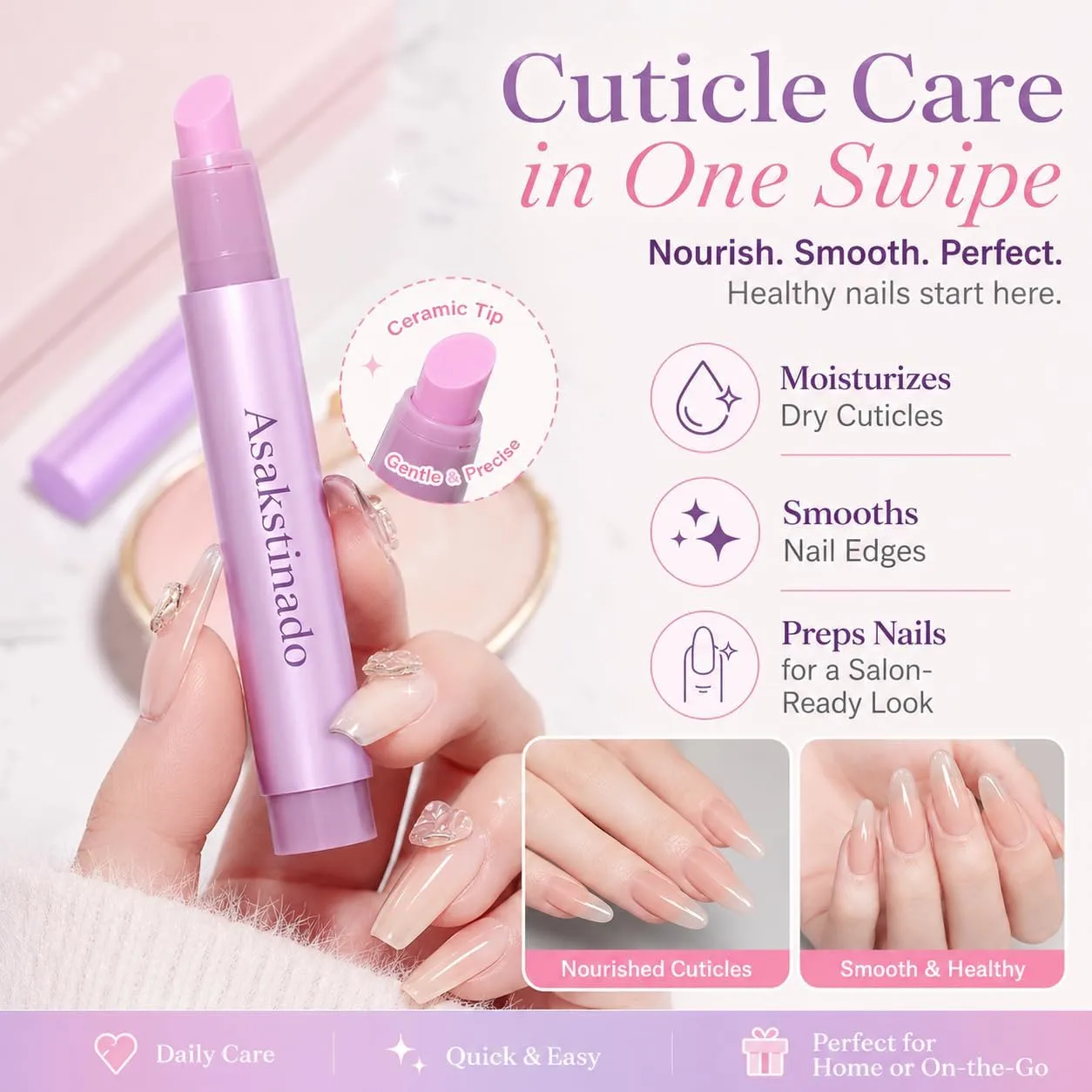 2-in-1 Ceramic Cuticle Oil Pen and Cuticle Pusher, Nail Care Tool for Fingernail and Toenail Edges, Portable Moisturizing Cuticle Oil Cuticle Applicator for Dry Skin & Everyday Manicure