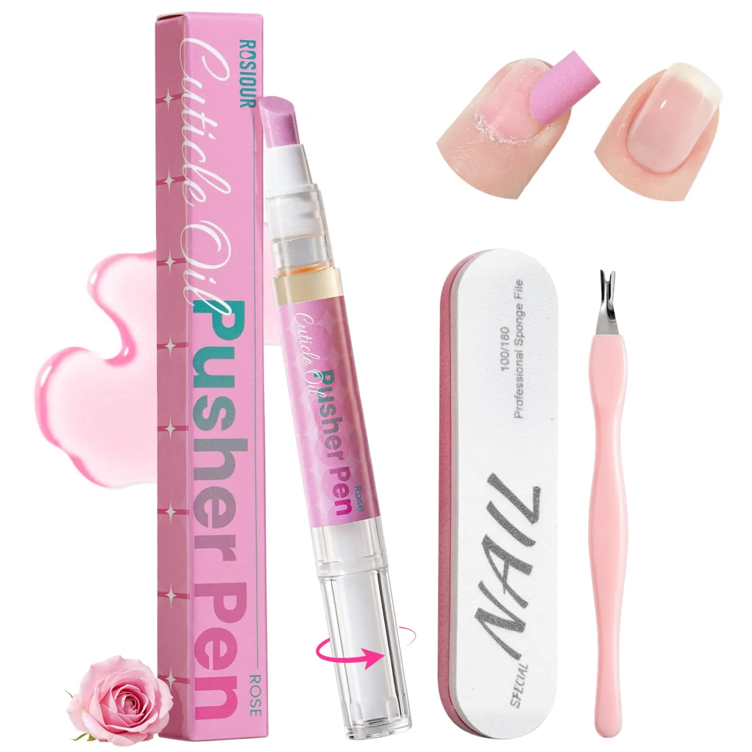Cuticle Pusher Oil Pen for Nails, 3 in 1 Ceramic Cuticle Remover with Oil